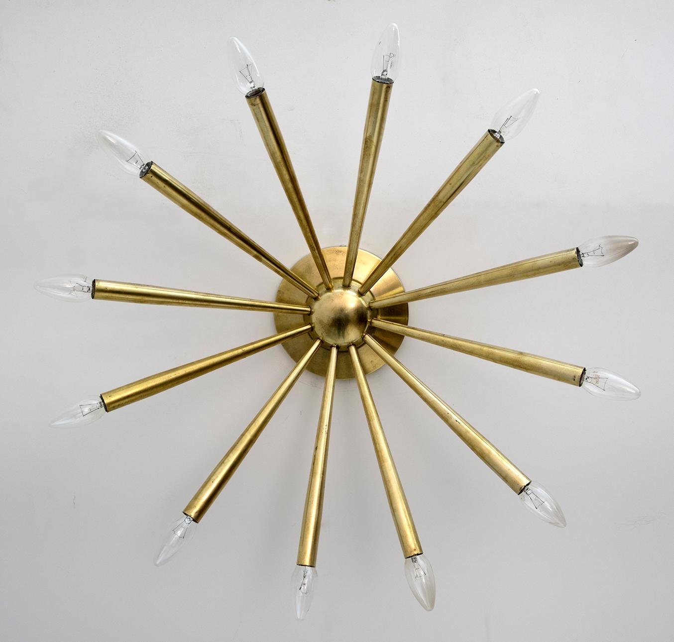 Angelo Lelli wall lamp for Arredoluce. Designed and produced in Italy, circa 1950s. Brass. We can insert reducers for USA bulbs, current E14 lamps.