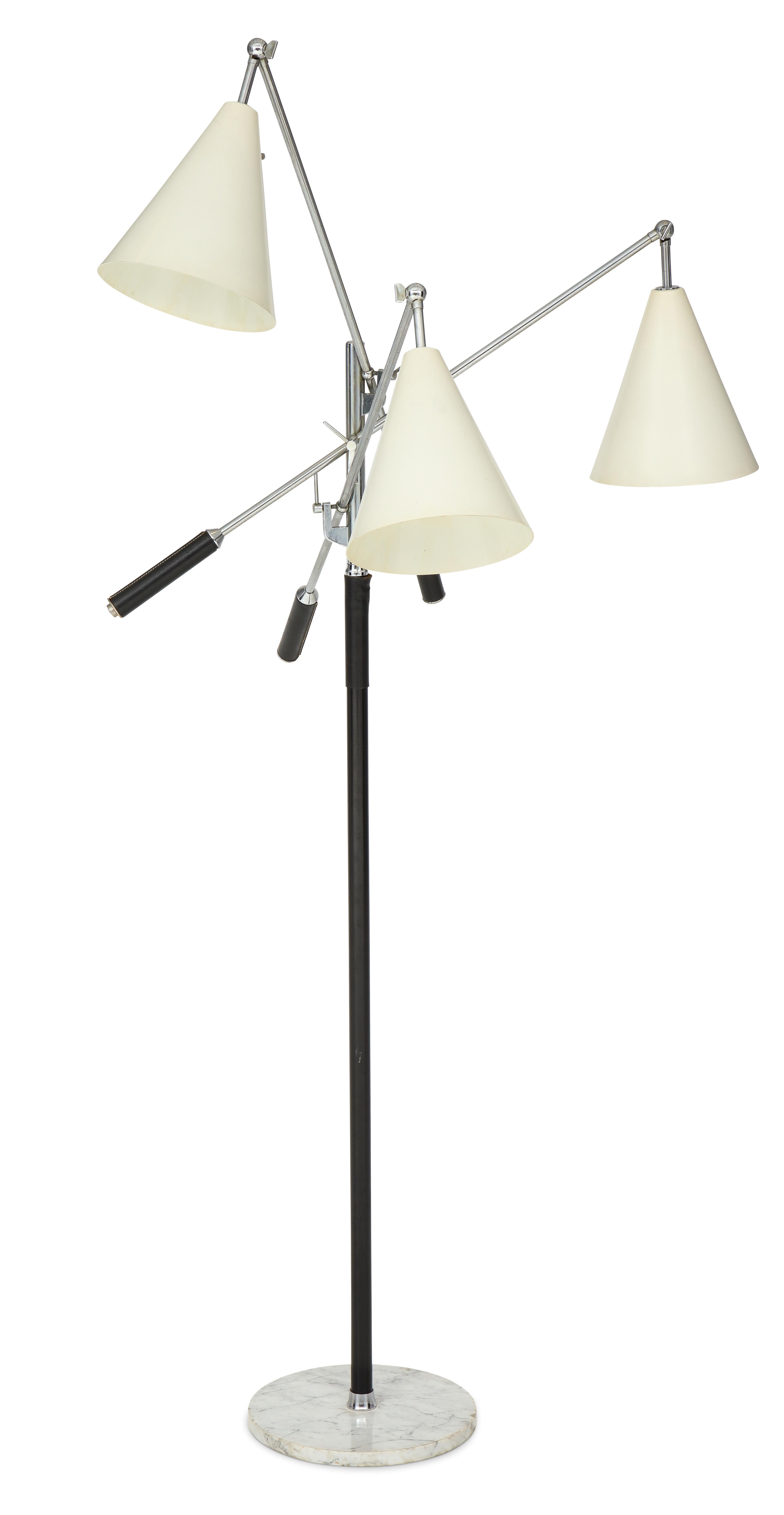 Rare early triennial floor lamp made out of lacquered and chromium-plated metal. Arms can be adjusted in variable positions. Designed by Angelo Lelli / Arredoluce and manufactured in NYC by Richards-Morgenthau. Similar example can be found in 
