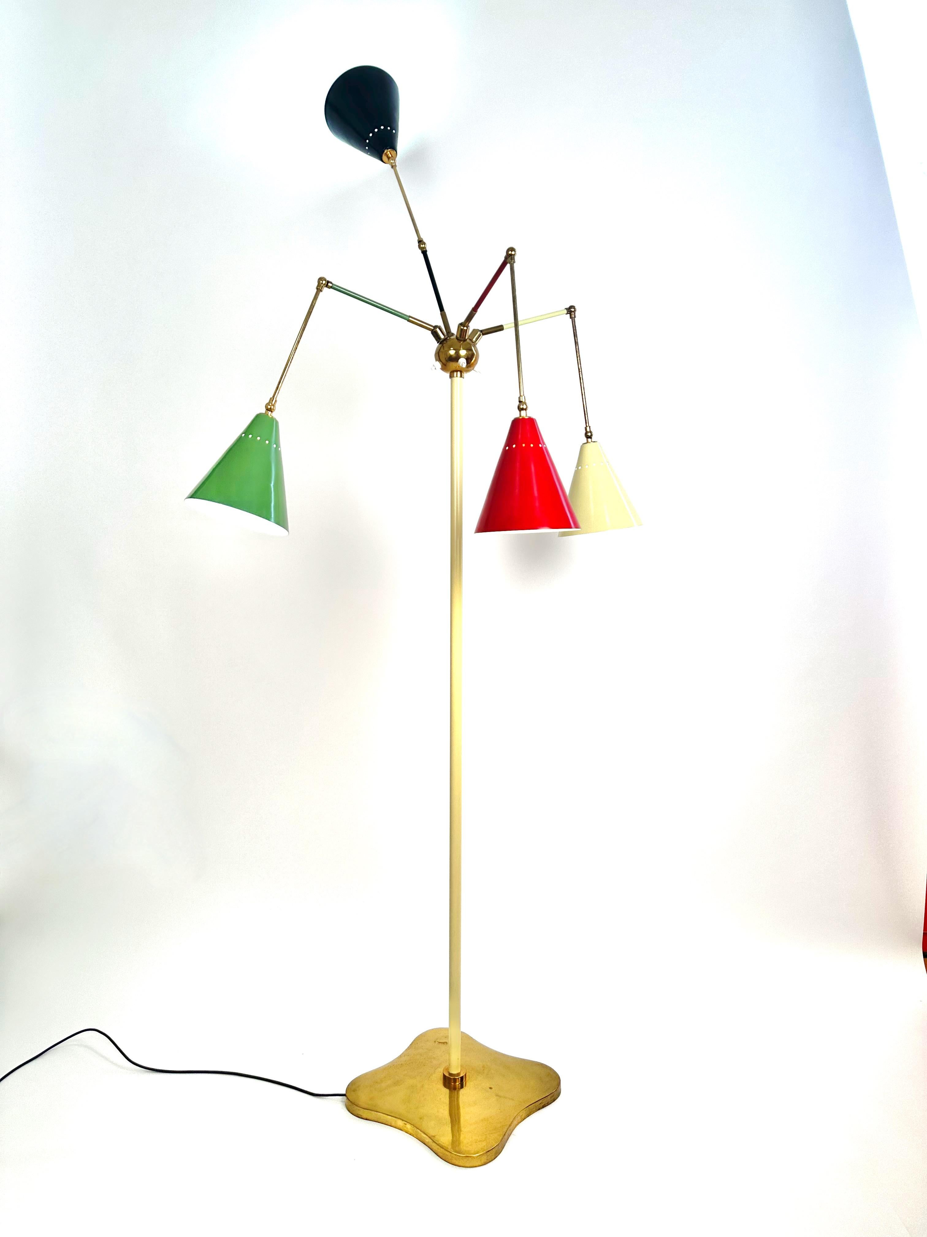 Metal Angelo Lely Style Midcentury Italian Four Colour Shades Floor Lamp, 1950 For Sale