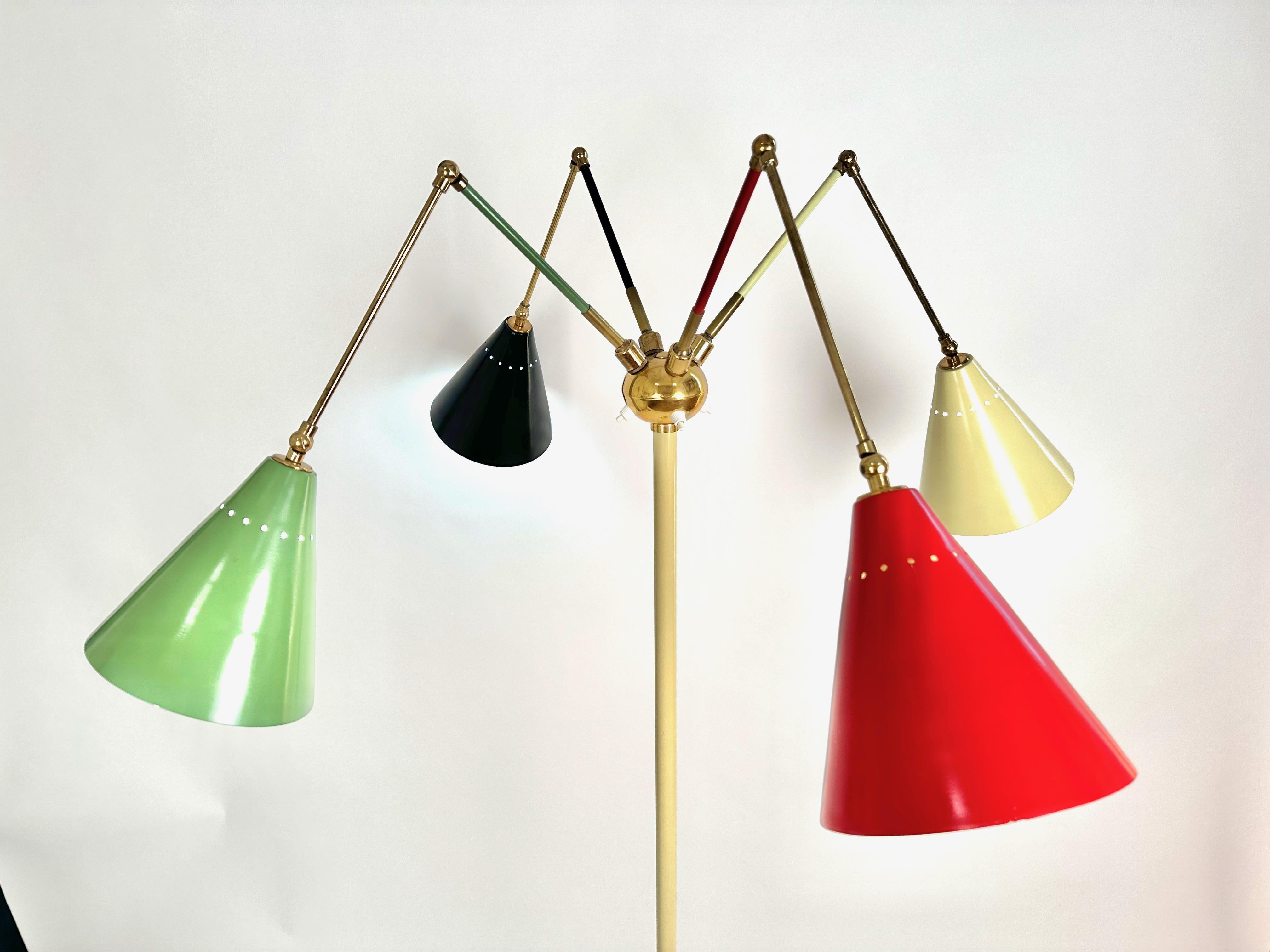 Angelo Lely Style Midcentury Italian Four Colour Shades Floor Lamp, 1950 For Sale 1