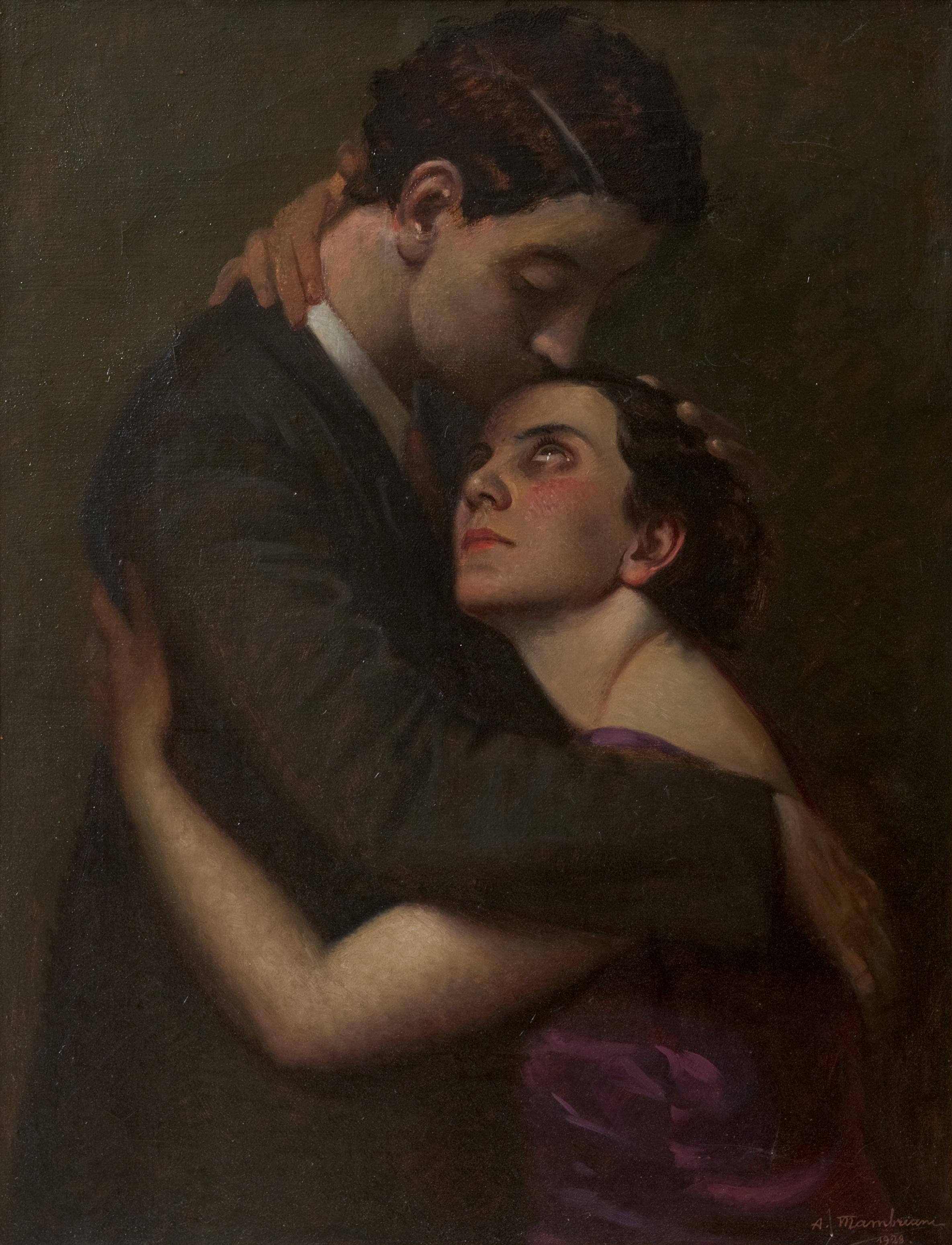 Angelo Mambriani Figurative Painting - The Kiss. Oil on canvas, Italian school XX, woman and man portrait, 1928