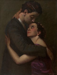 The Kiss. Oil on canvas, Italian school XX, woman and man portrait, 1928