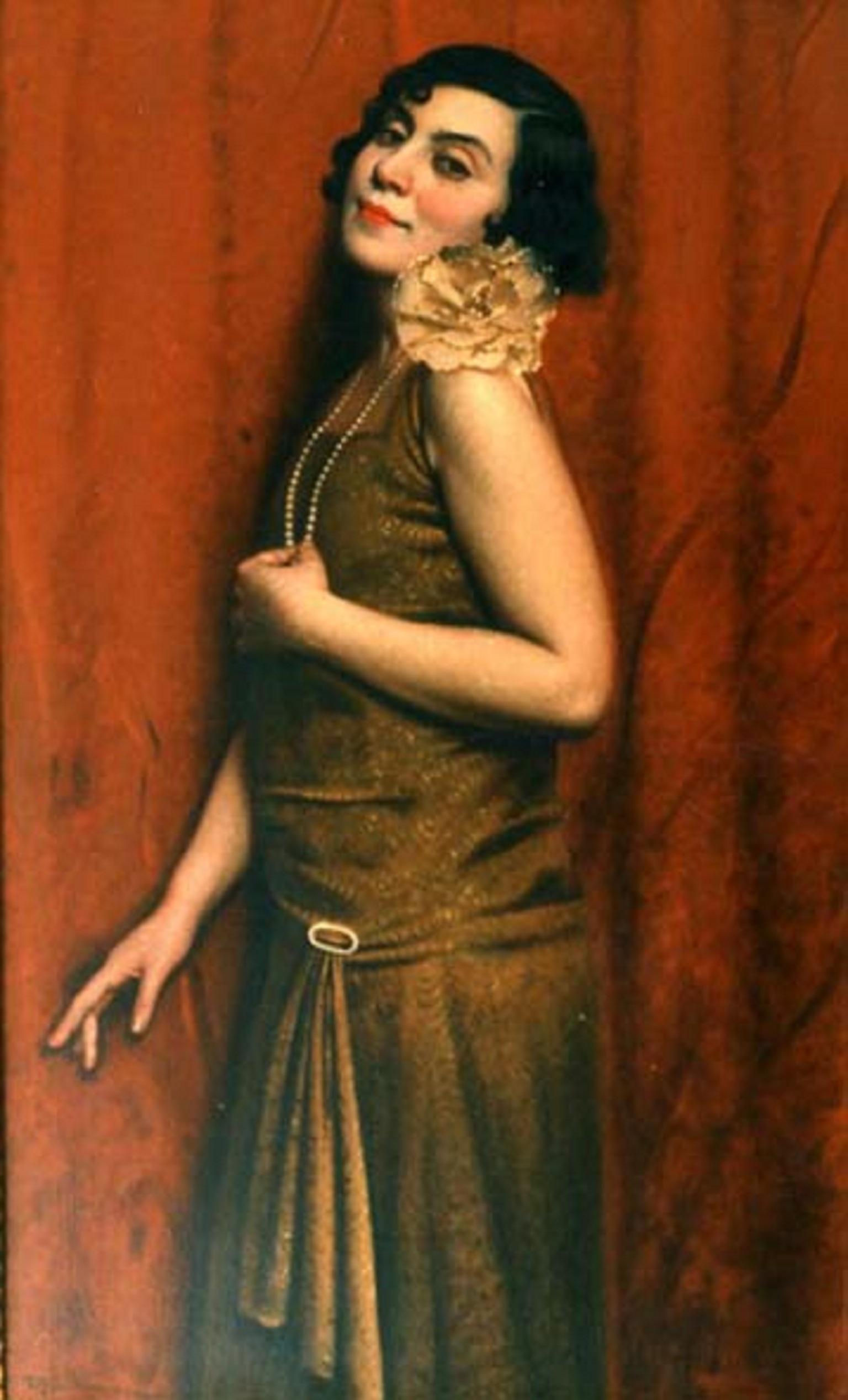 Tina (Portrait of his wife). Oil on canvas, Italian school XX, woman portrait - Painting by Angelo Mambriani
