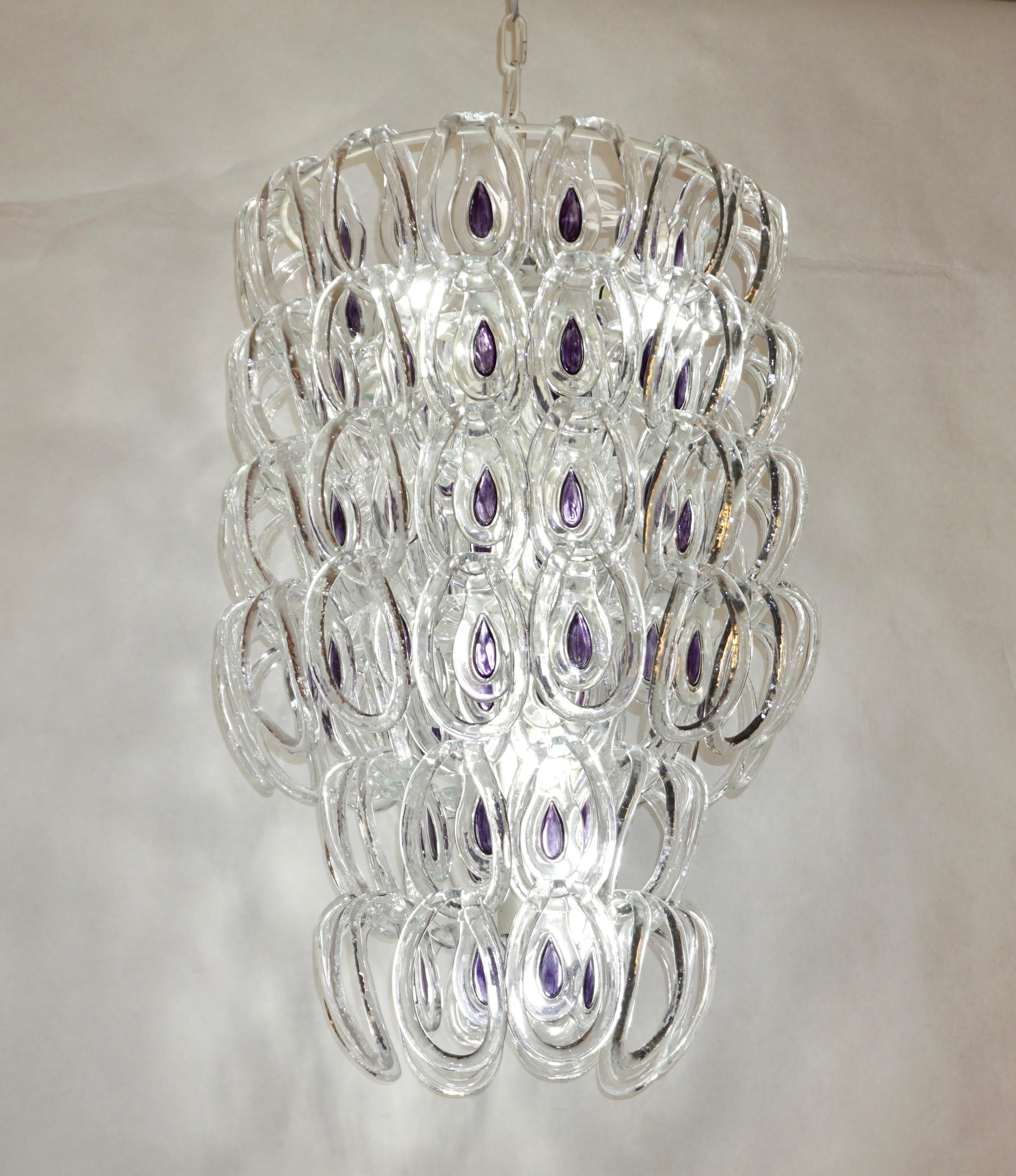 Angelo Mangiarotti 1970 Vistosi Crystal Murano Glass Chandelier with Purple Core 2
