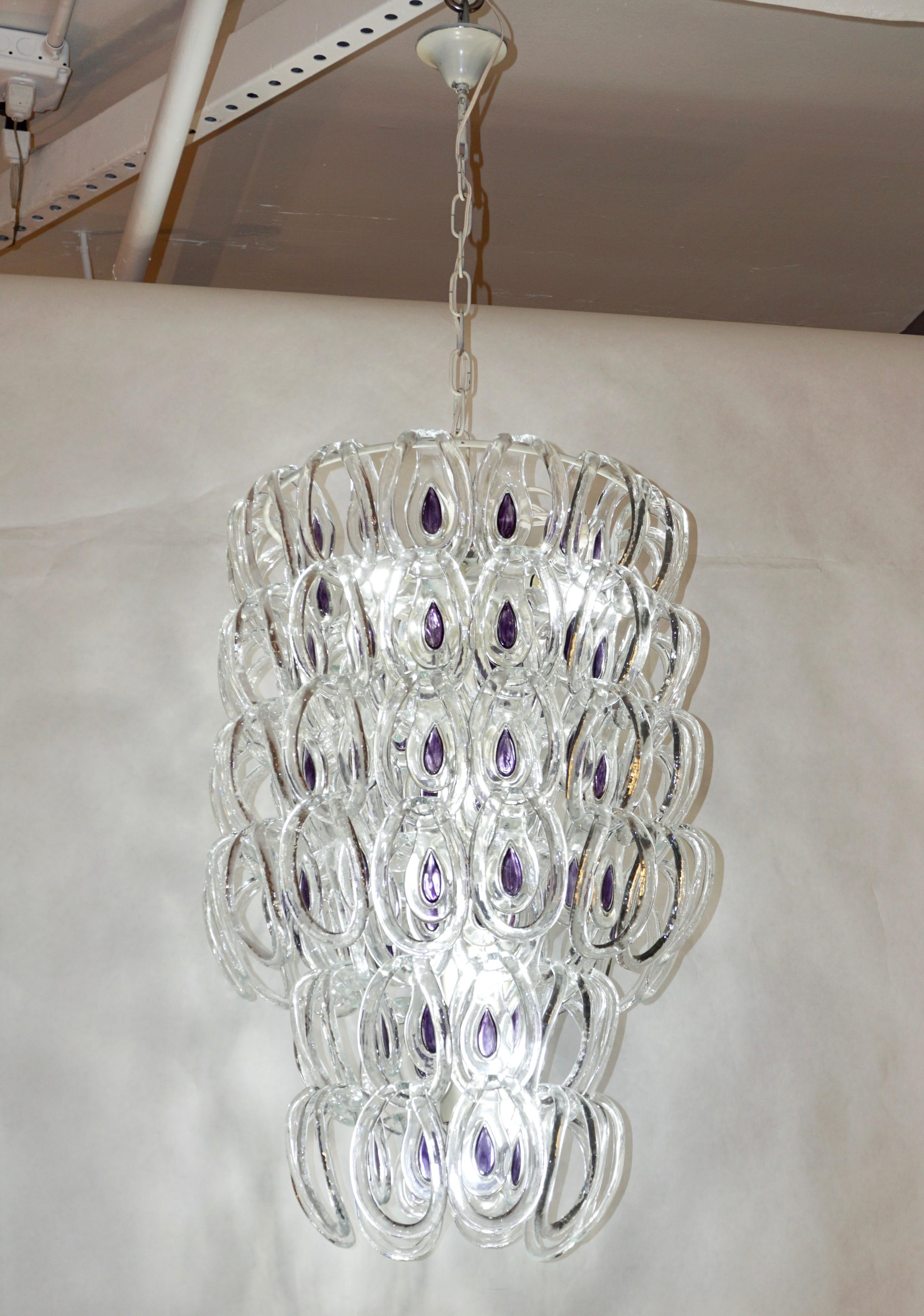 Angelo Mangiarotti 1970 Vistosi Crystal Murano Glass Chandelier with Purple Core 3