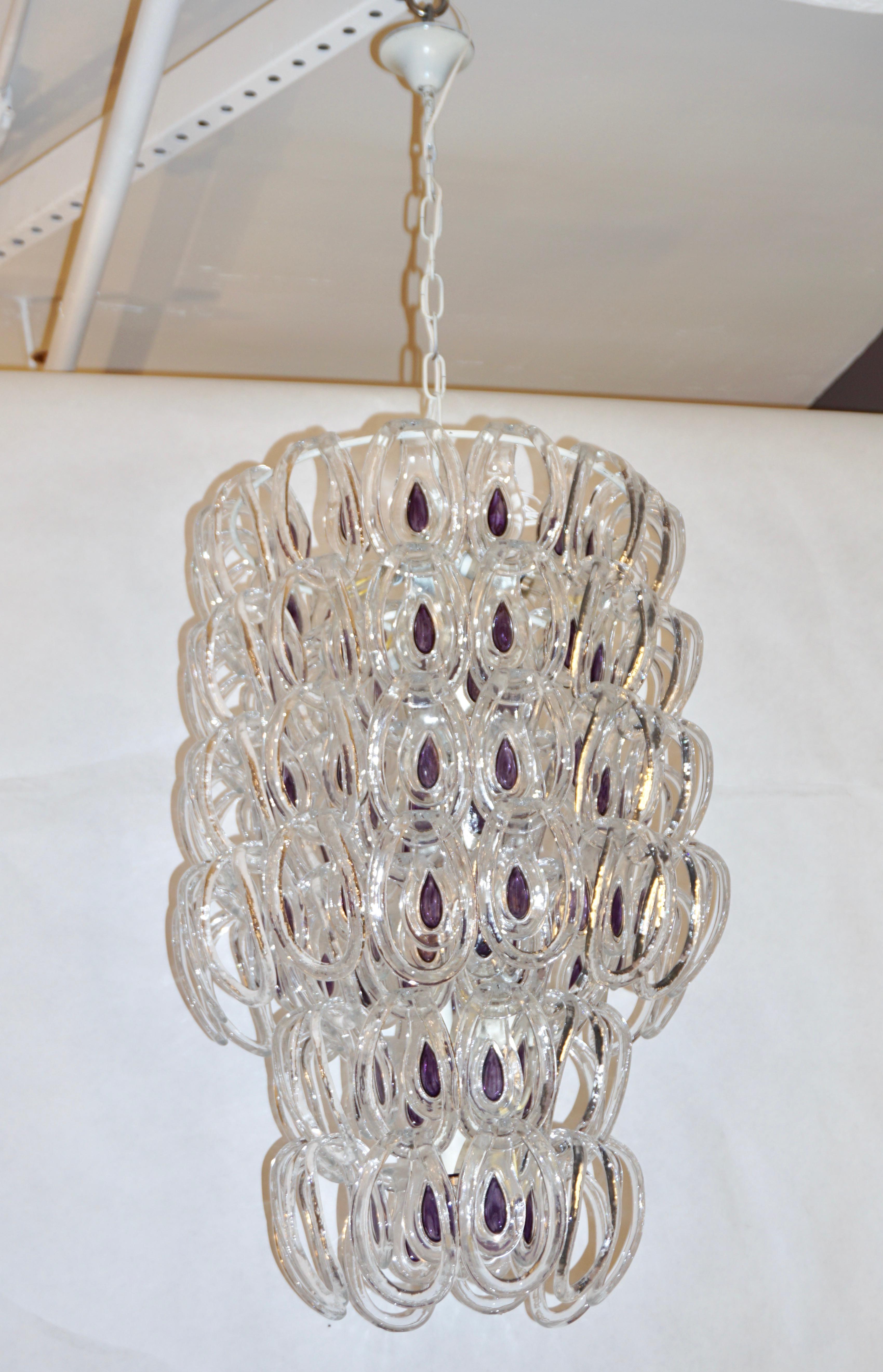 Angelo Mangiarotti 1970 Vistosi Crystal Murano Glass Chandelier with Purple Core 7