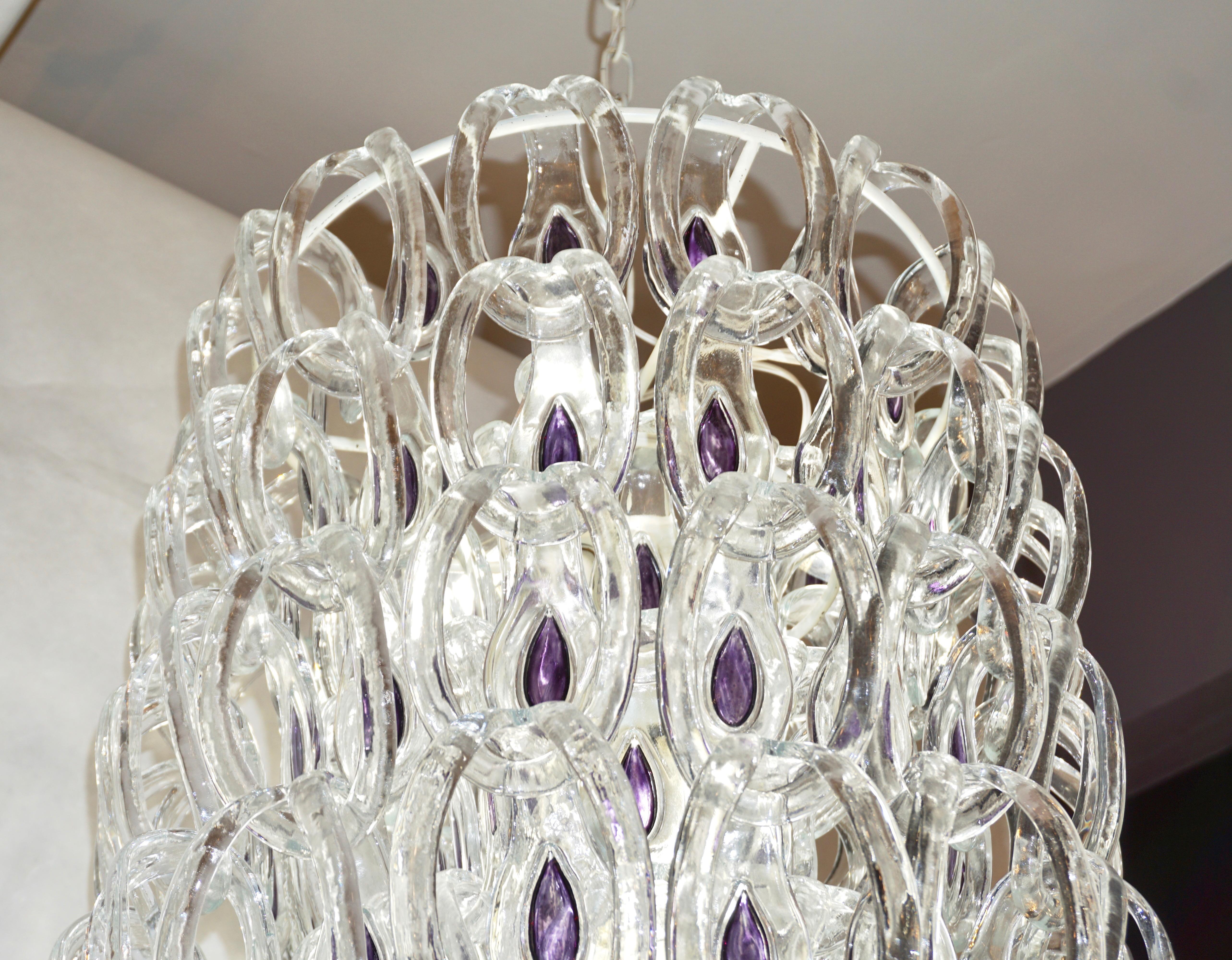 Italian Angelo Mangiarotti 1970 Vistosi Crystal Murano Glass Chandelier with Purple Core