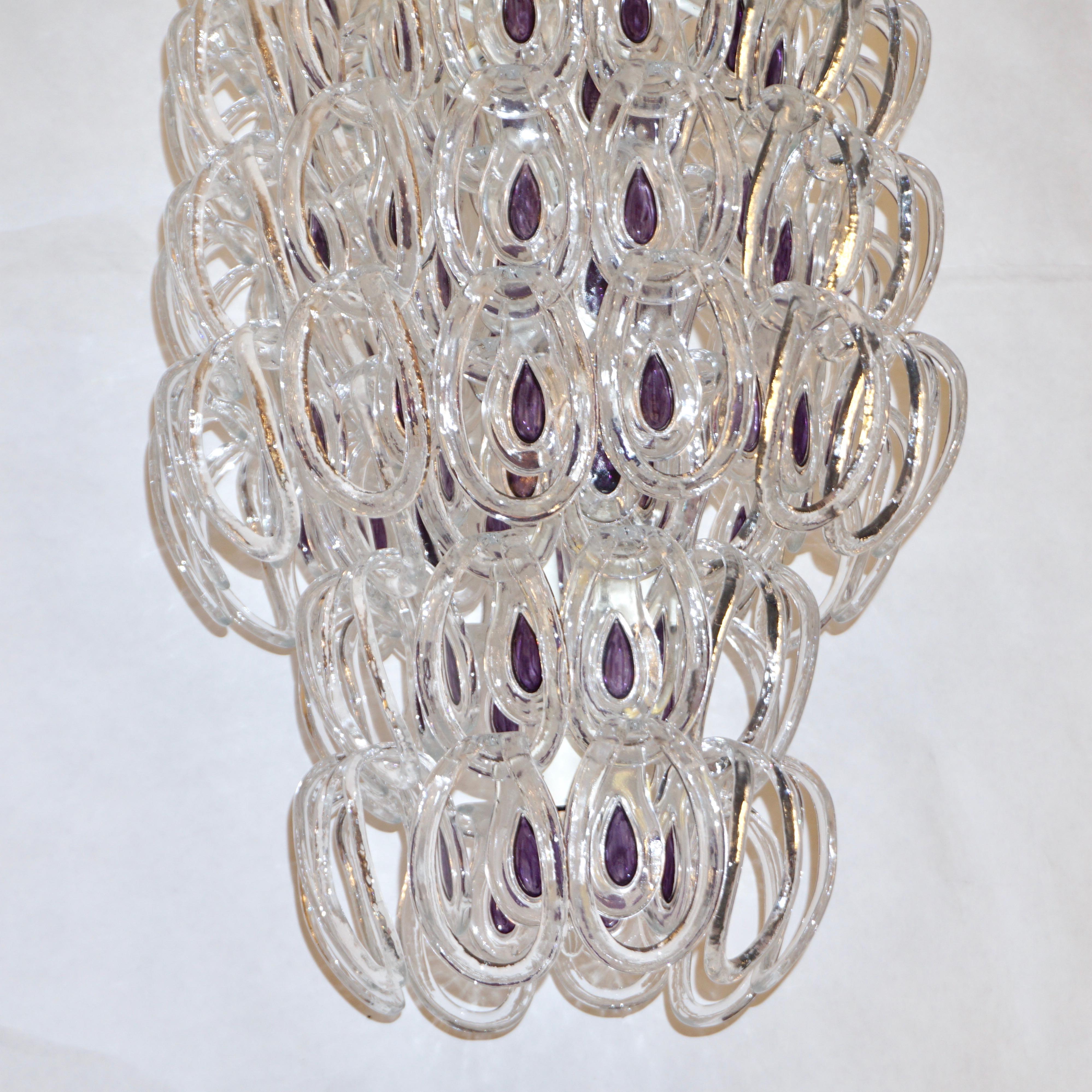 Mid-Century Modern Angelo Mangiarotti 1970 Vistosi Crystal Murano Glass Chandelier with Purple Core