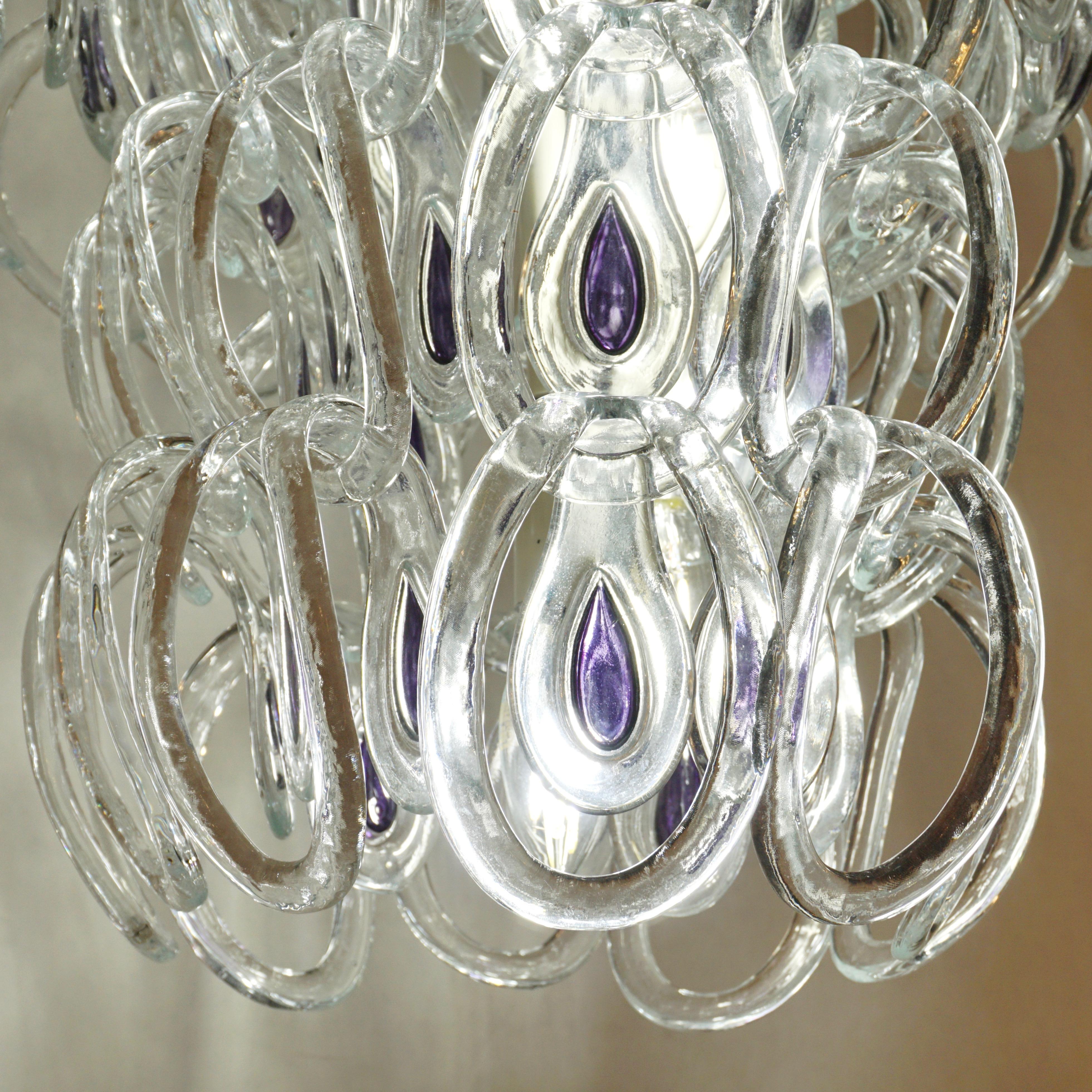 Hand-Crafted Angelo Mangiarotti 1970 Vistosi Crystal Murano Glass Chandelier with Purple Core