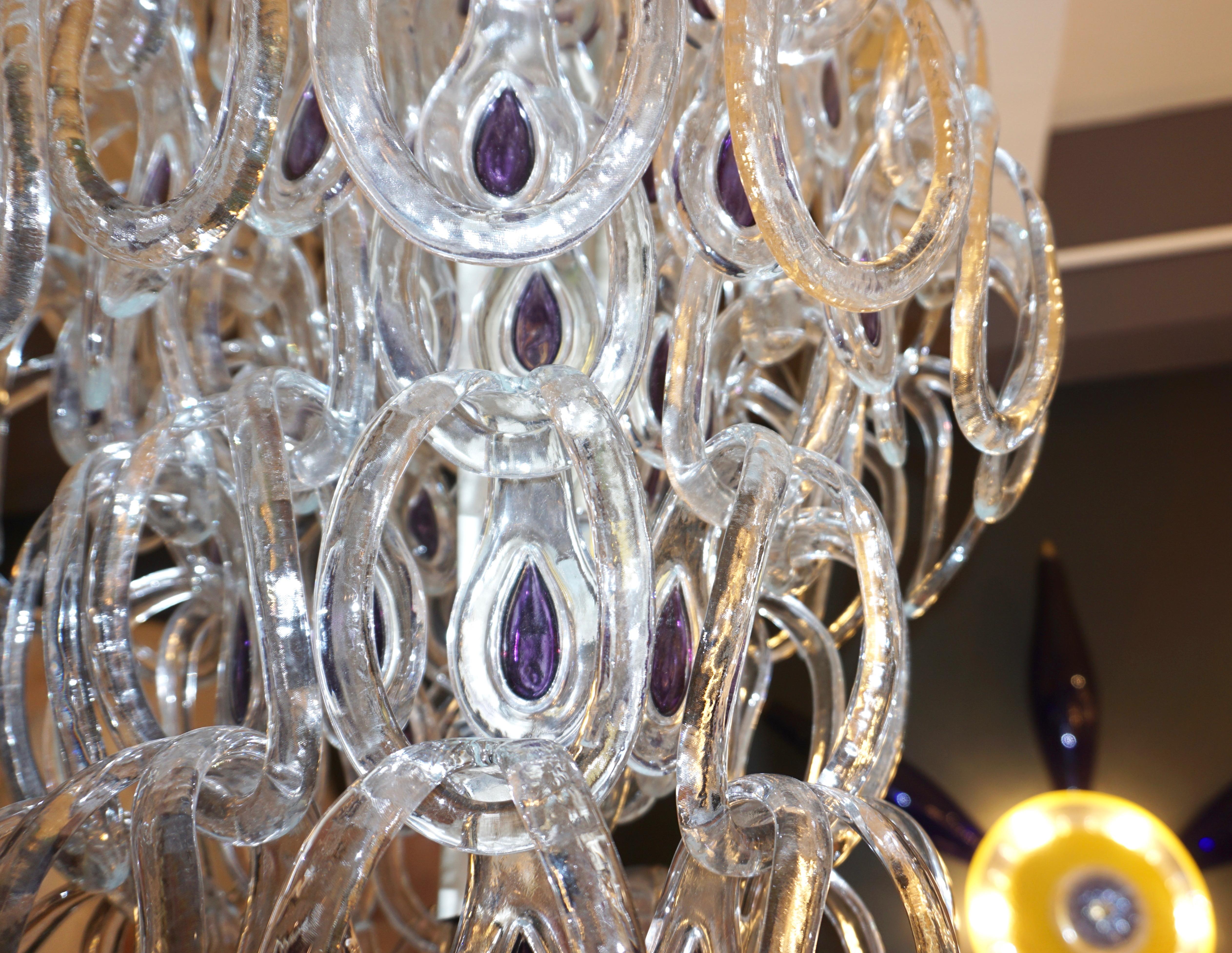 Angelo Mangiarotti 1970 Vistosi Crystal Murano Glass Chandelier with Purple Core In Good Condition In New York, NY
