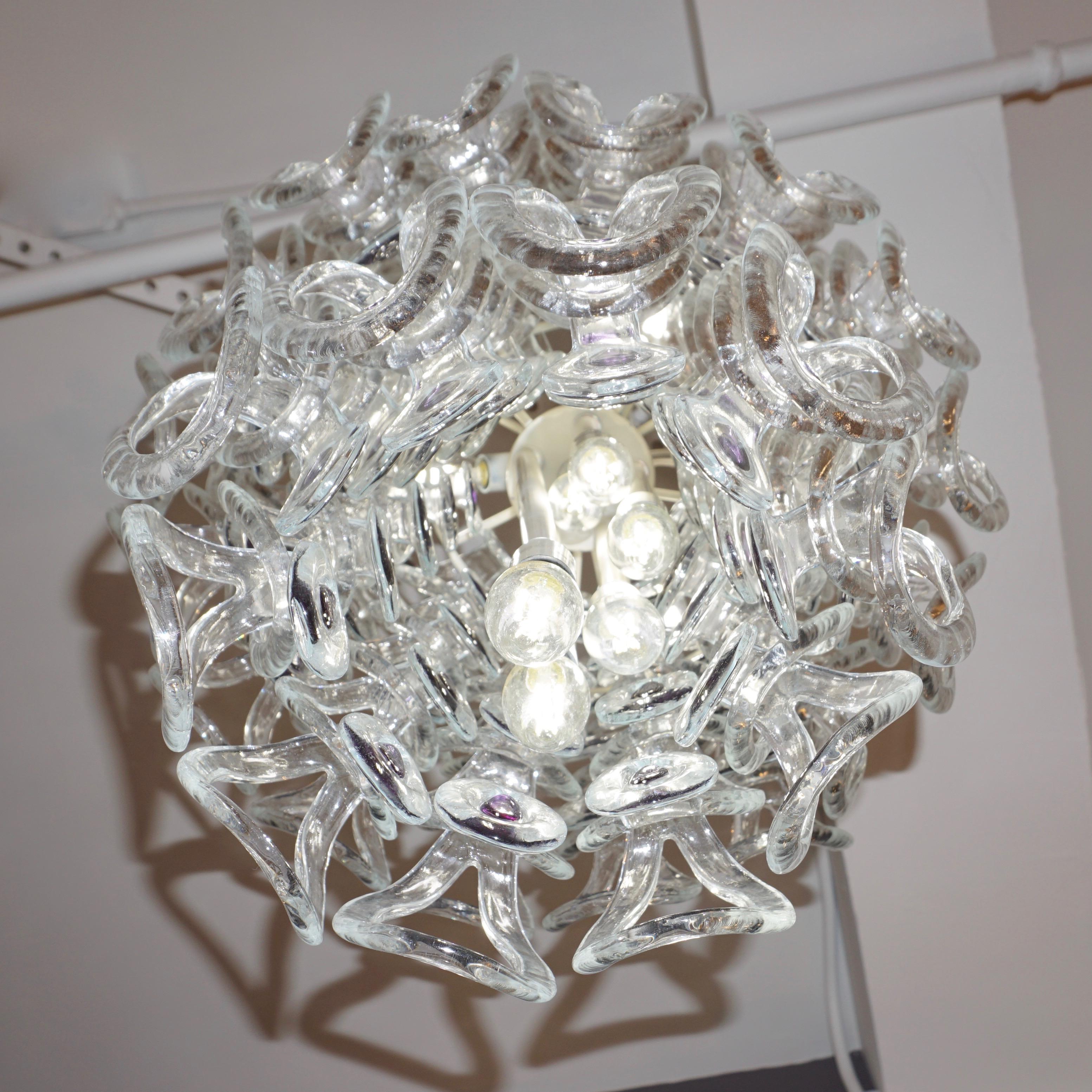 Late 20th Century Angelo Mangiarotti 1970 Vistosi Crystal Murano Glass Chandelier with Purple Core