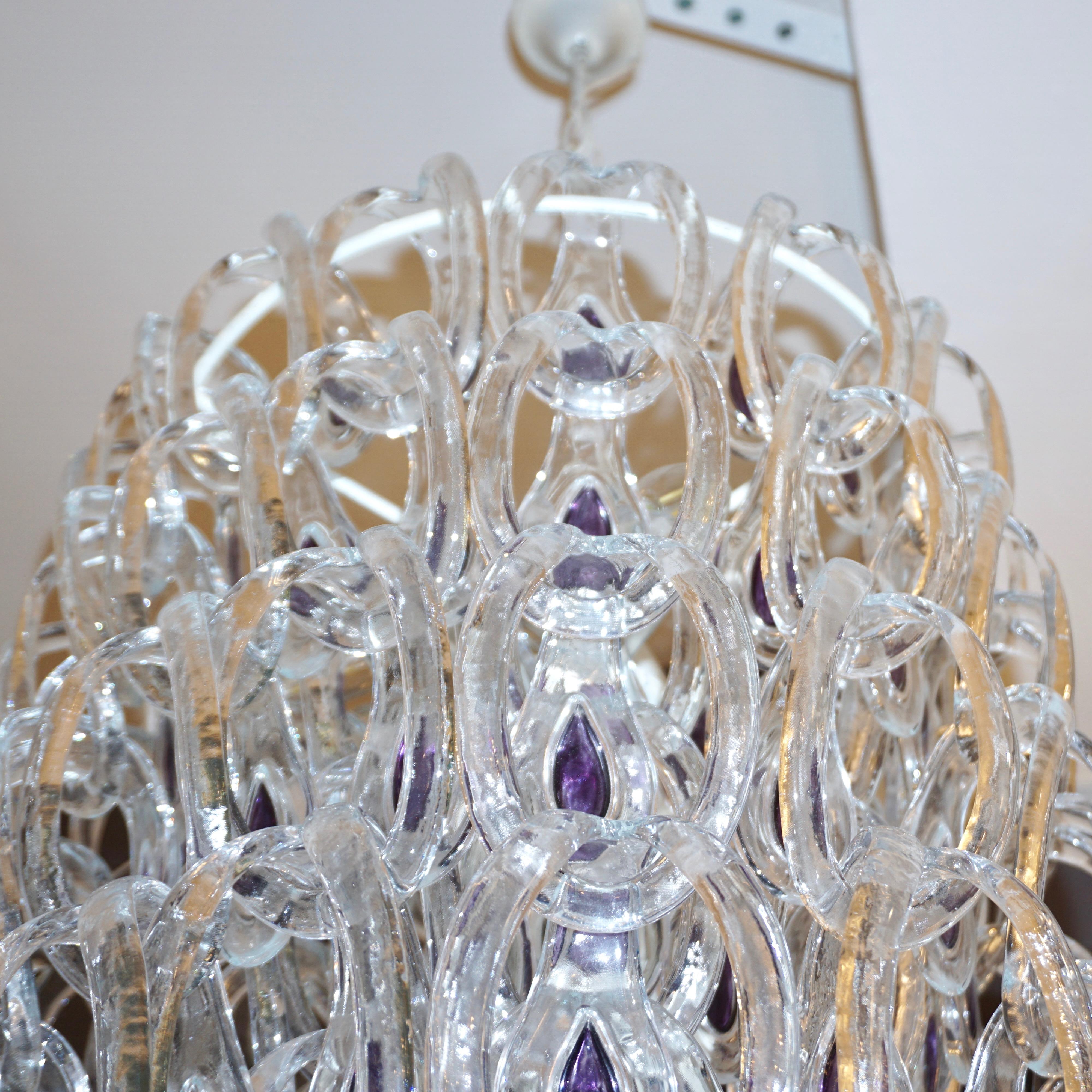 Metal Angelo Mangiarotti 1970 Vistosi Crystal Murano Glass Chandelier with Purple Core