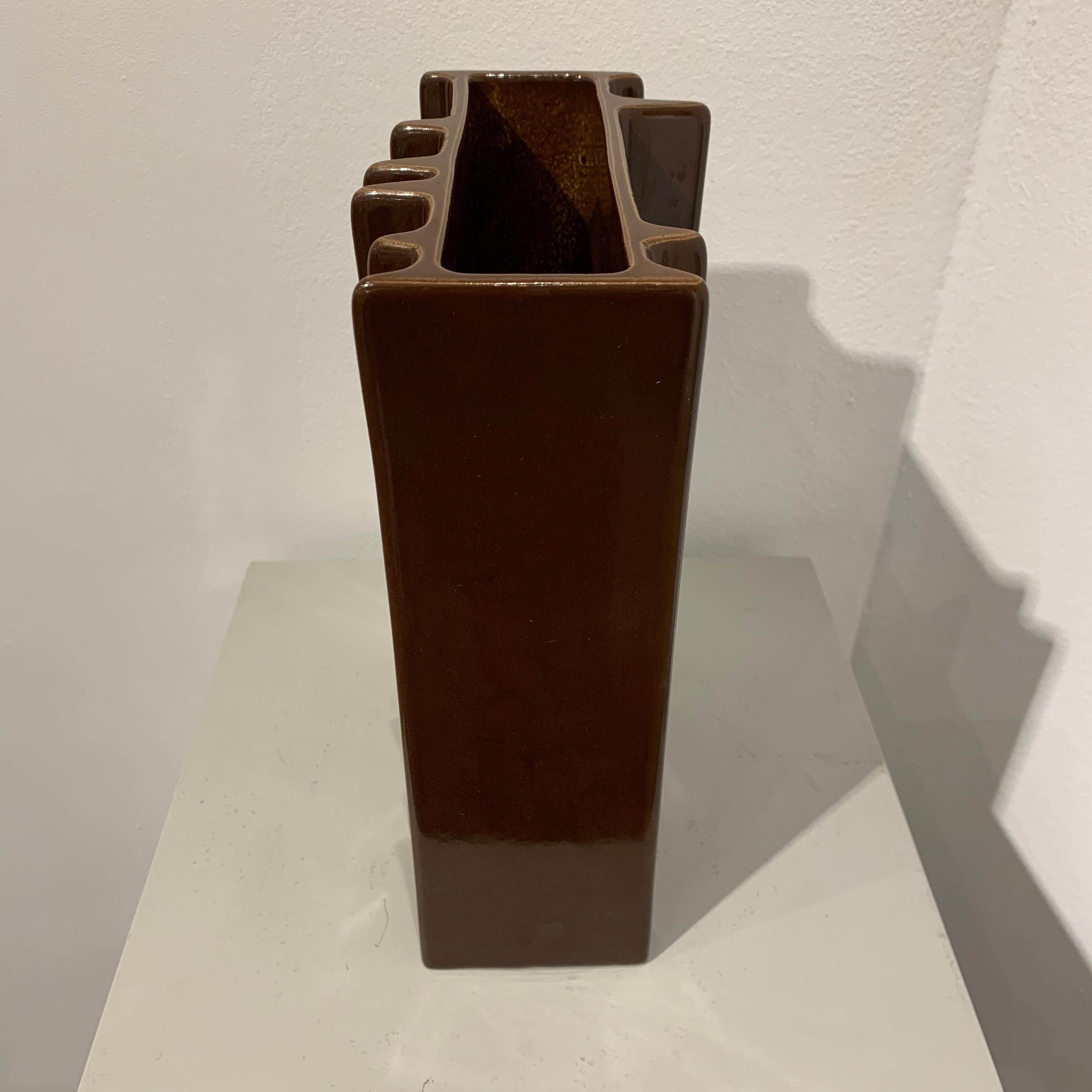 Italian Angelo Mangiarotti Architectural Brown Ceramic Vase, 1960