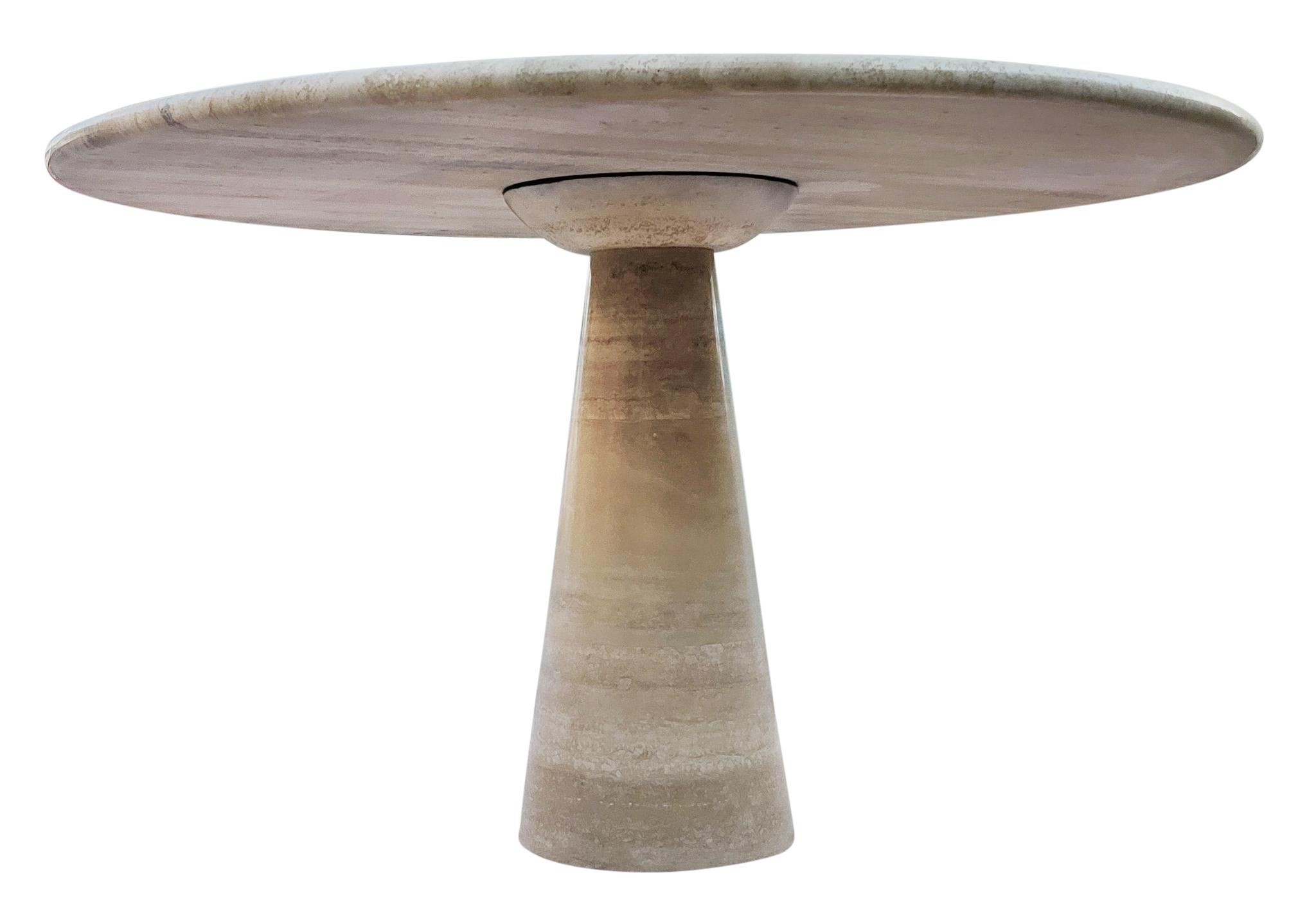 Italian Angelo Mangiarotti Attributed Round Travertine Pedestal Dining Table For Sale