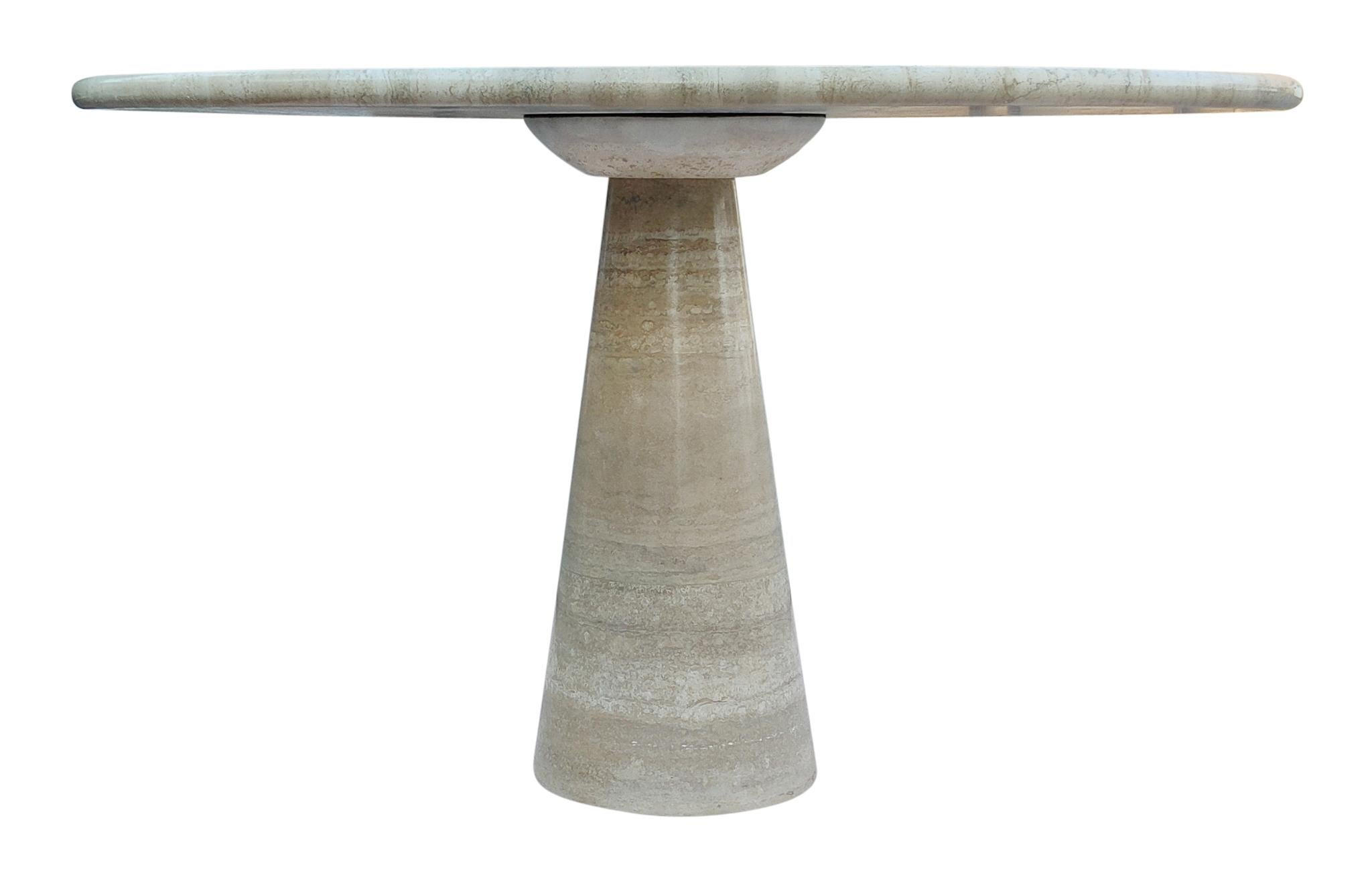 Polished Angelo Mangiarotti Attributed Round Travertine Pedestal Dining Table For Sale