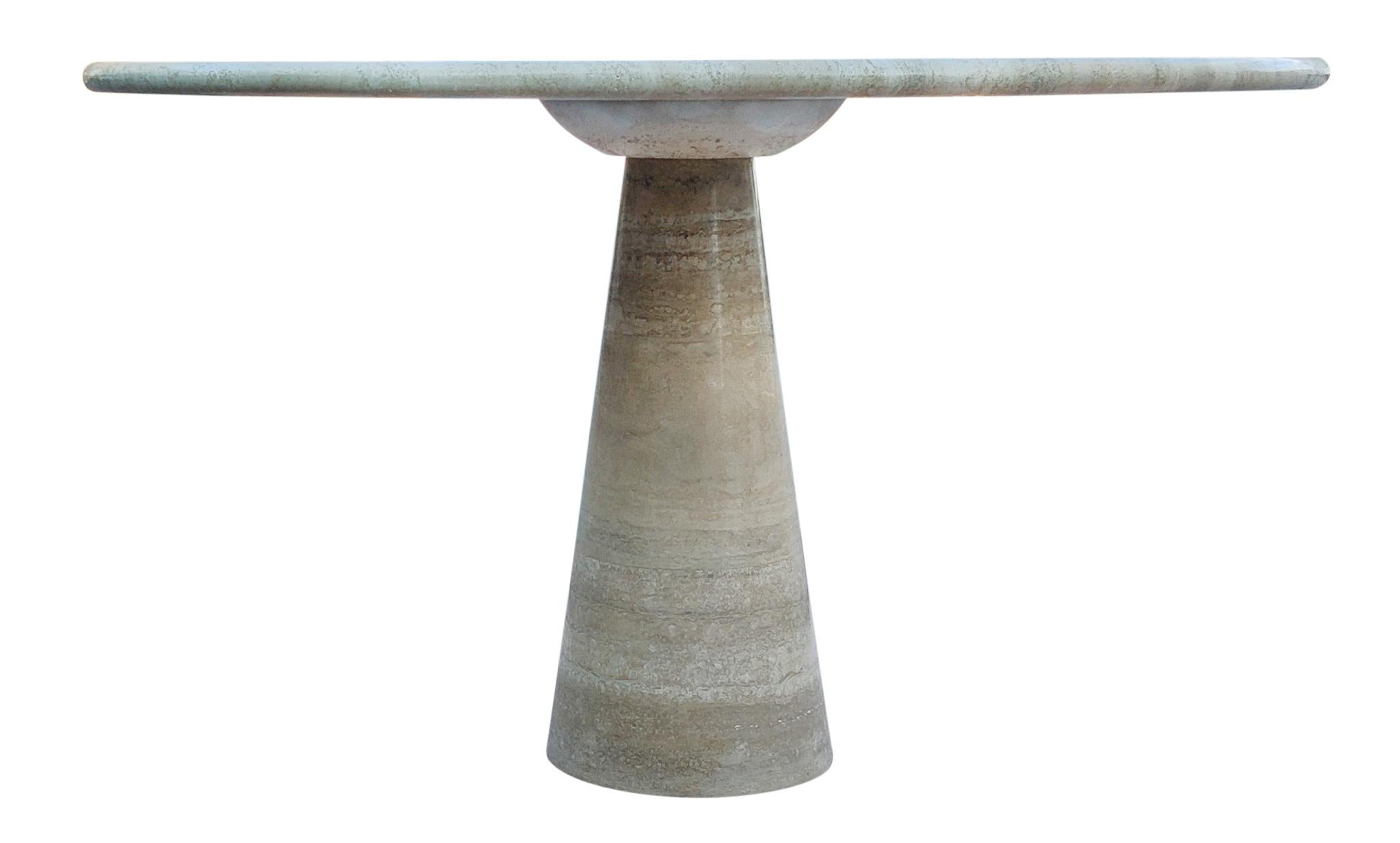 Angelo Mangiarotti Attributed Round Travertine Pedestal Dining Table In Good Condition For Sale In Philadelphia, PA