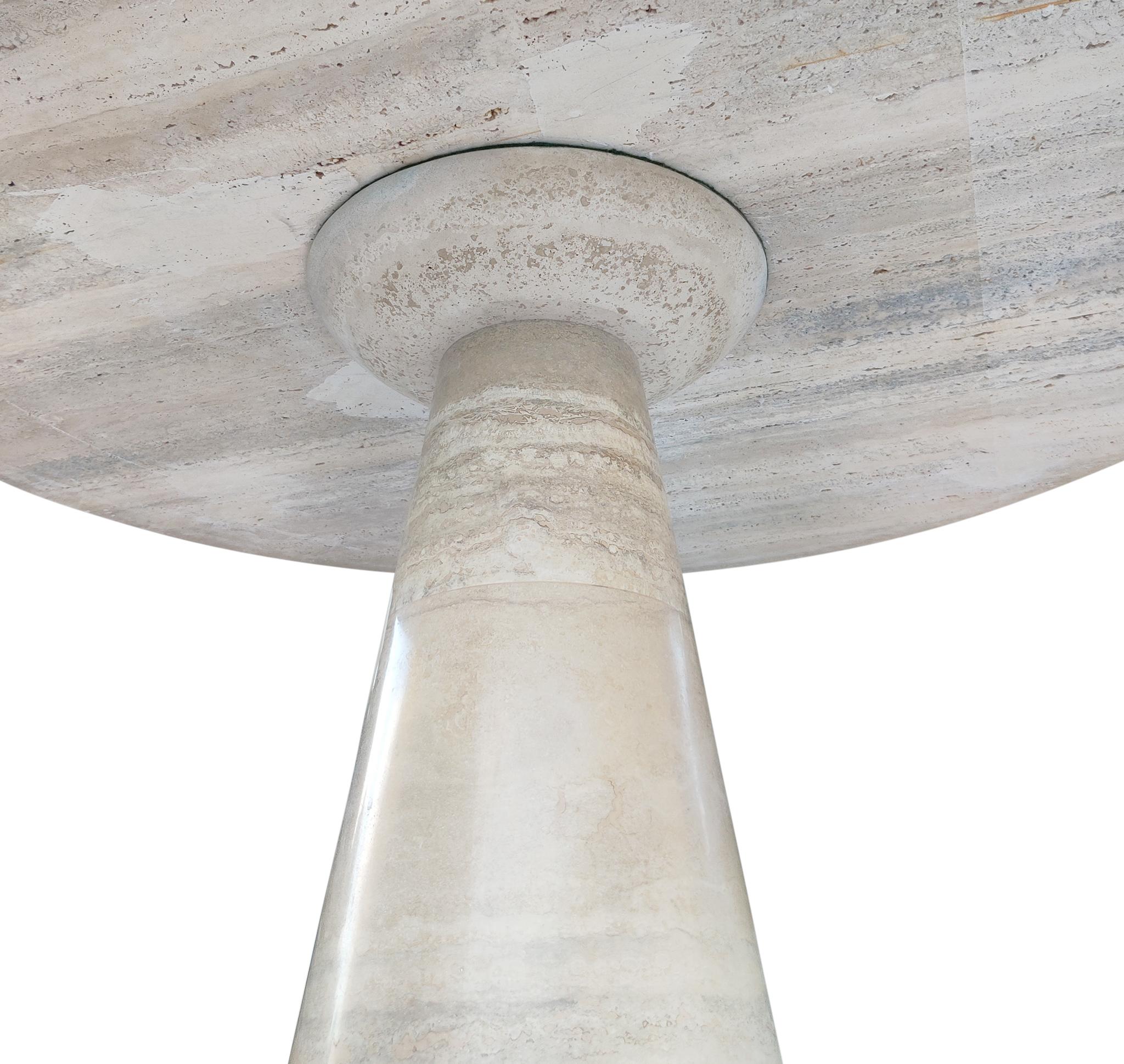 Late 20th Century Angelo Mangiarotti Attributed Round Travertine Pedestal Dining Table For Sale