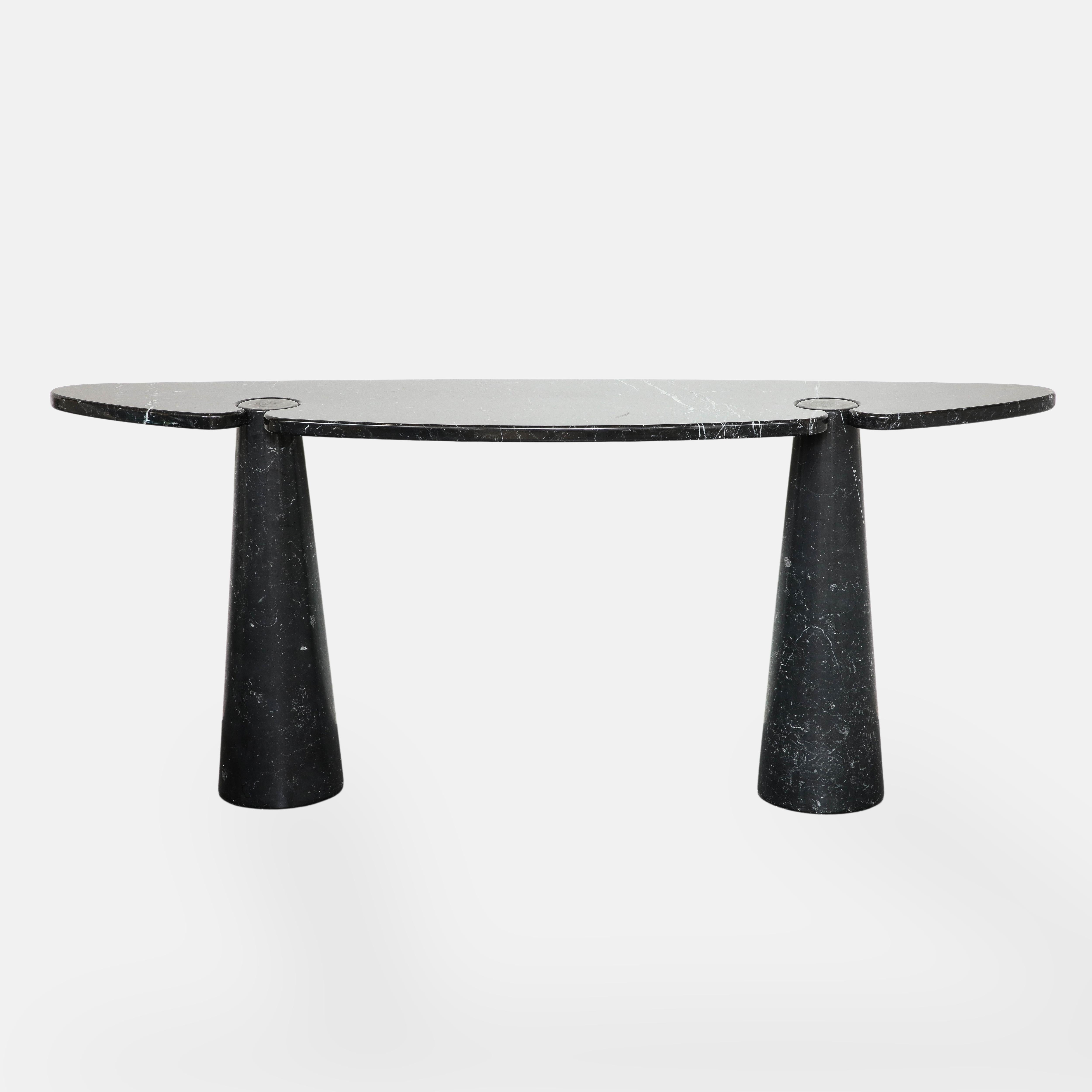 Designed by Angelo Mangiarotti for Skipper from the Eros series, iconic black or Nero Marquina marble console table with large elliptical top fitted on two conical bases. This elegantly organic console table has exquisite veining throughout on the