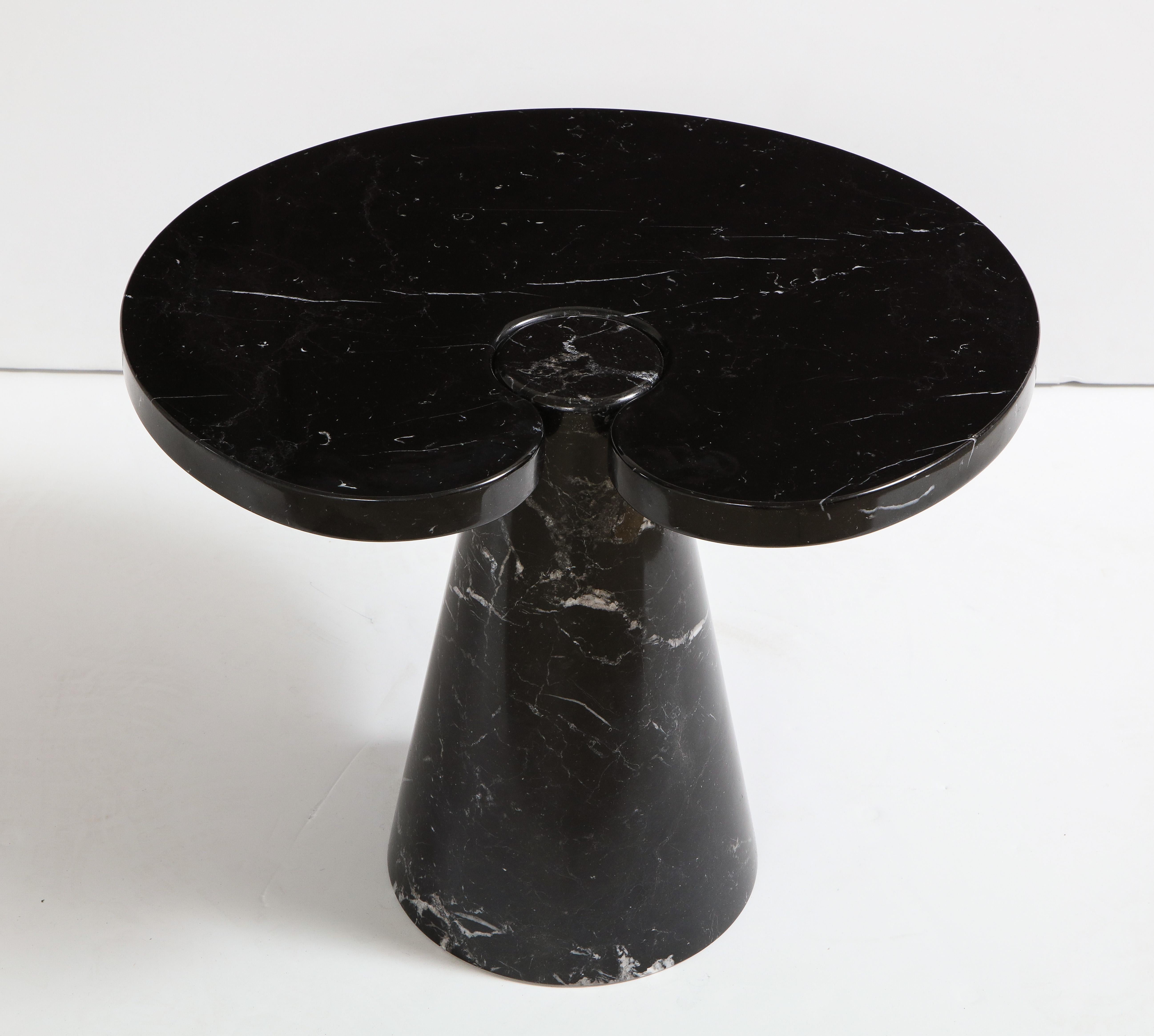 Designed by Angelo Mangiarotti for Skipper from the 'Eros' series, black Marquina marble side table with top fitted on conical base. This elegantly organic table has beautiful subtle veining throughout and is from the original 1971 production for