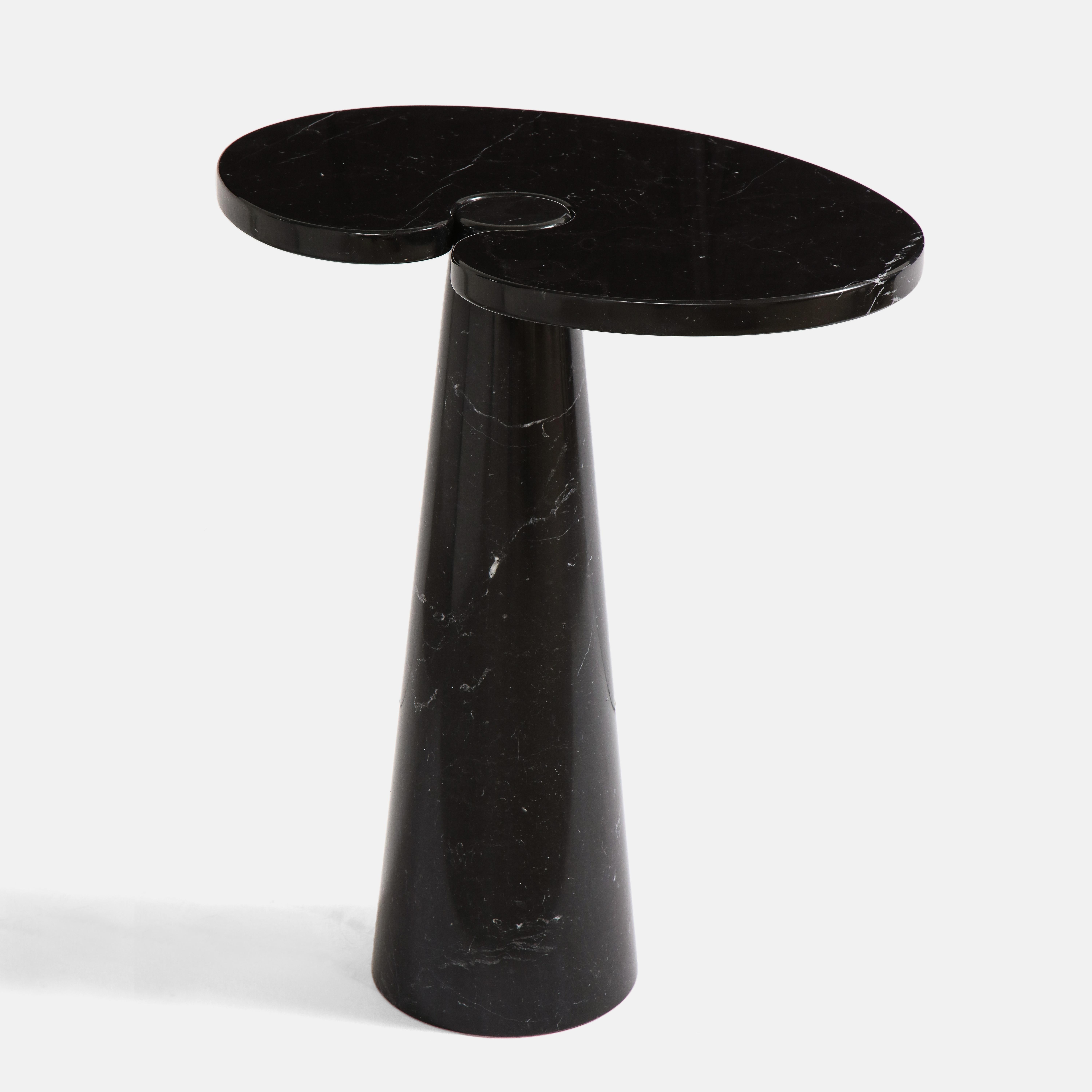 Designed by Angelo Mangiarotti for Skipper from the 'Eros' series, black Marquina marble tall side table or small console table with top fitted on conical base. This elegantly organic table has beautiful subtle veining throughout.  It's from the