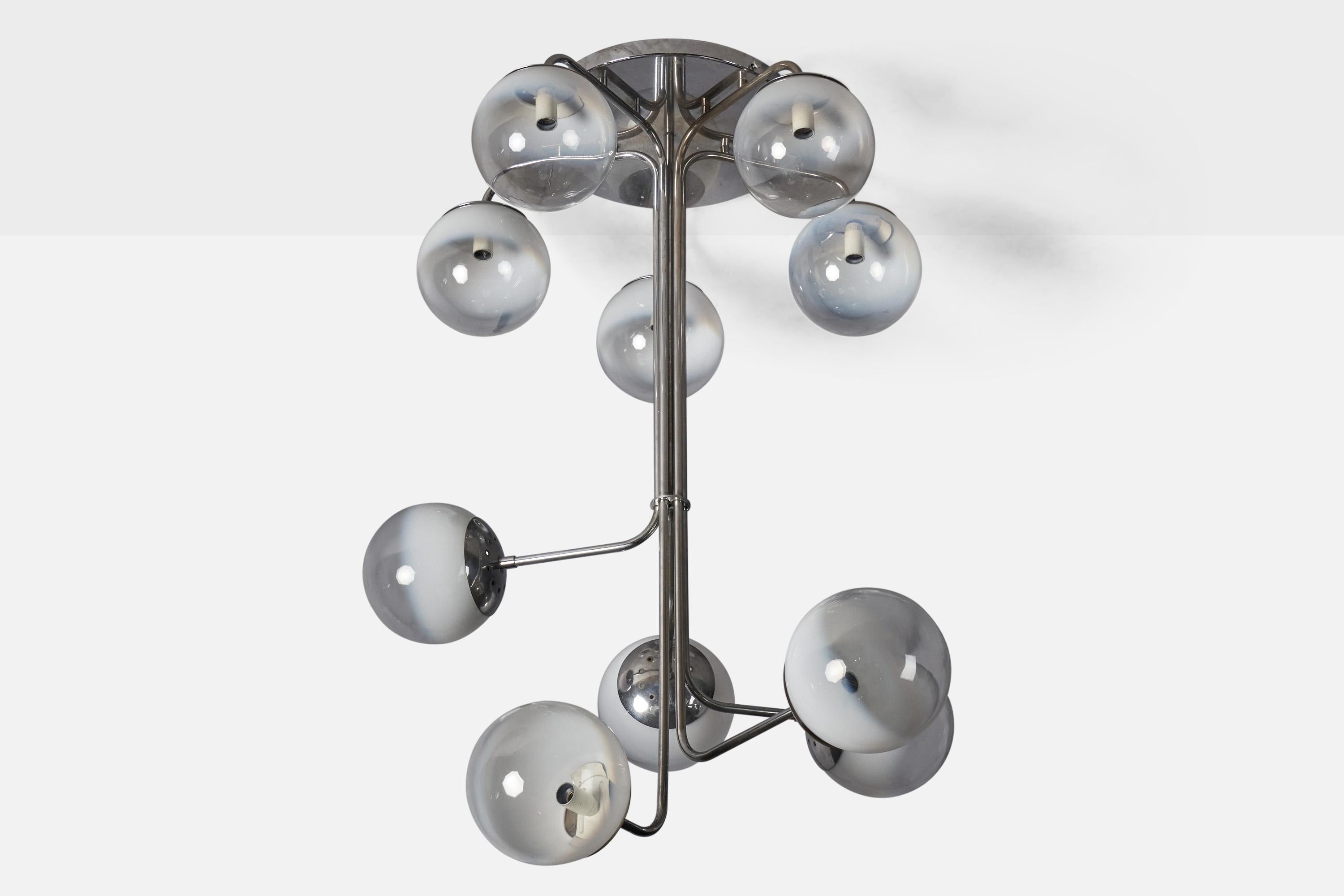 A semi-frosted glass and chrome-plated metal chandelier, designed by Angelo Mangiarotti and produced by Candle, Italy, 1970s.

Overall Dimensions (inches): 43.5