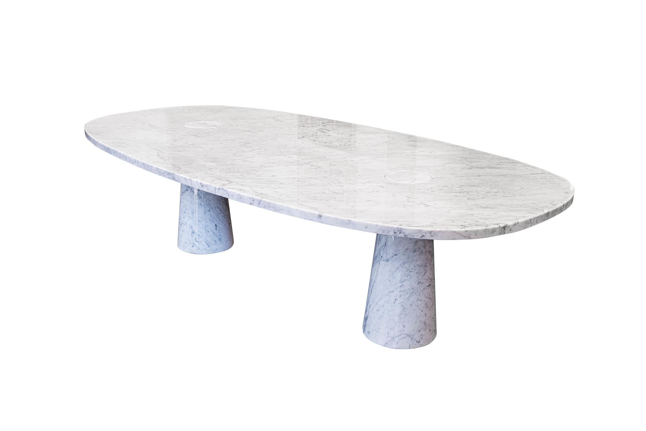 Angelo Mangiarotti, 
Dining room table, 
Model Eros,
Skipper, 
Carrara marble,
Italy, circa 1970.

Measures: Width 280 cm, depth 140 cm, height 73 cm.

Angelo Mangiarotti (1921-2012) is an Italian architect and industrial designer who was