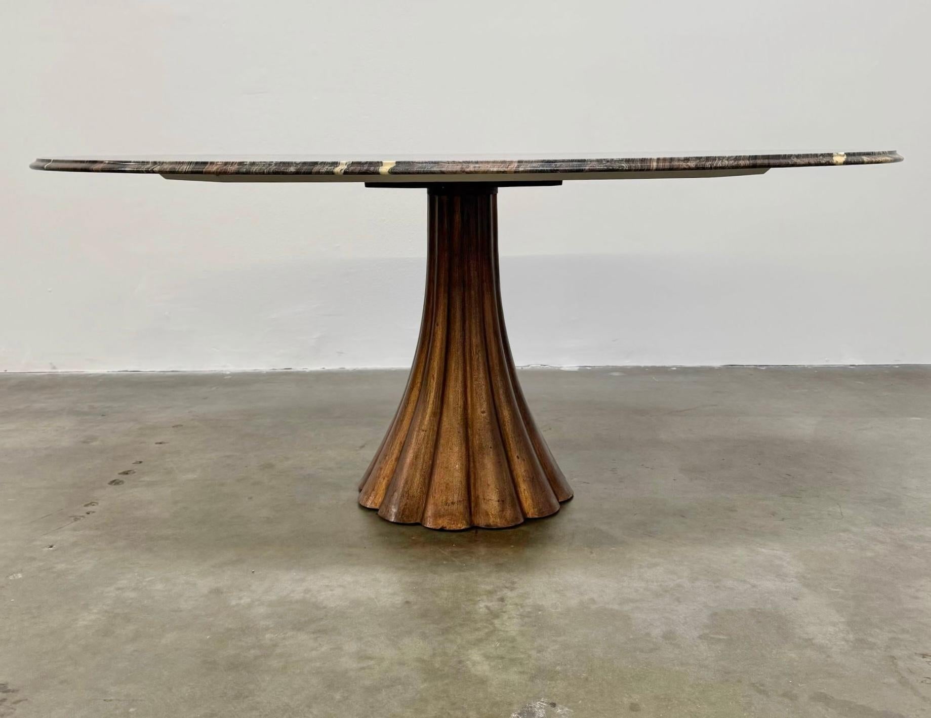 Italian Style of Angelo Mangiarotti Dining Table Flowing Marble Copper Fluted Base For Sale