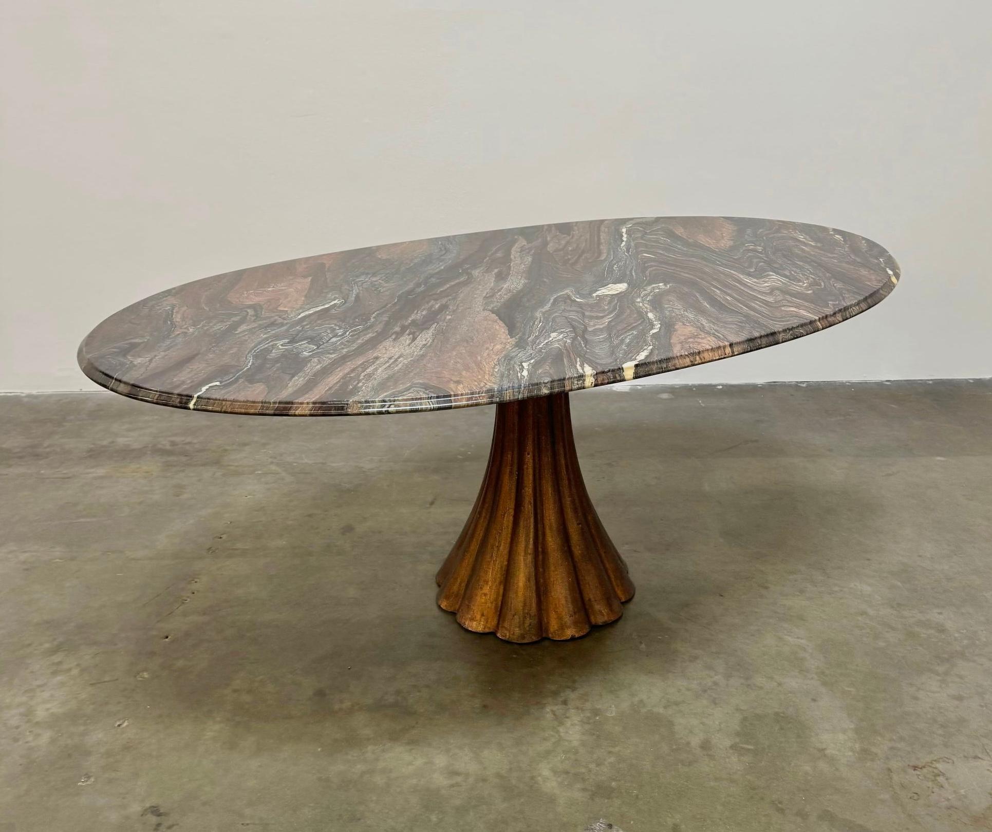 Hand-Crafted Style of Angelo Mangiarotti Dining Table Flowing Marble Copper Fluted Base For Sale