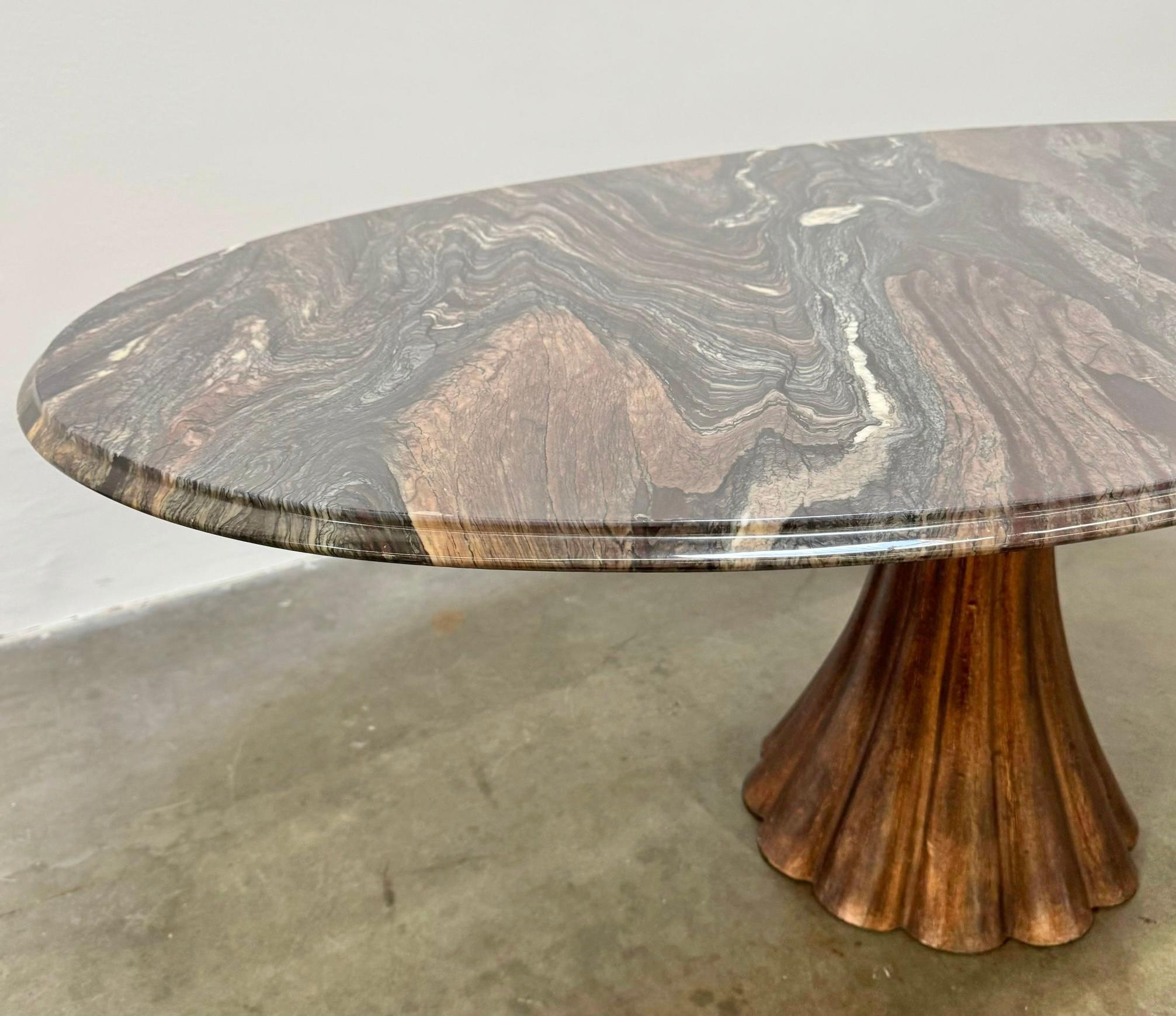 Style of Angelo Mangiarotti Dining Table Flowing Marble Copper Fluted Base For Sale 2