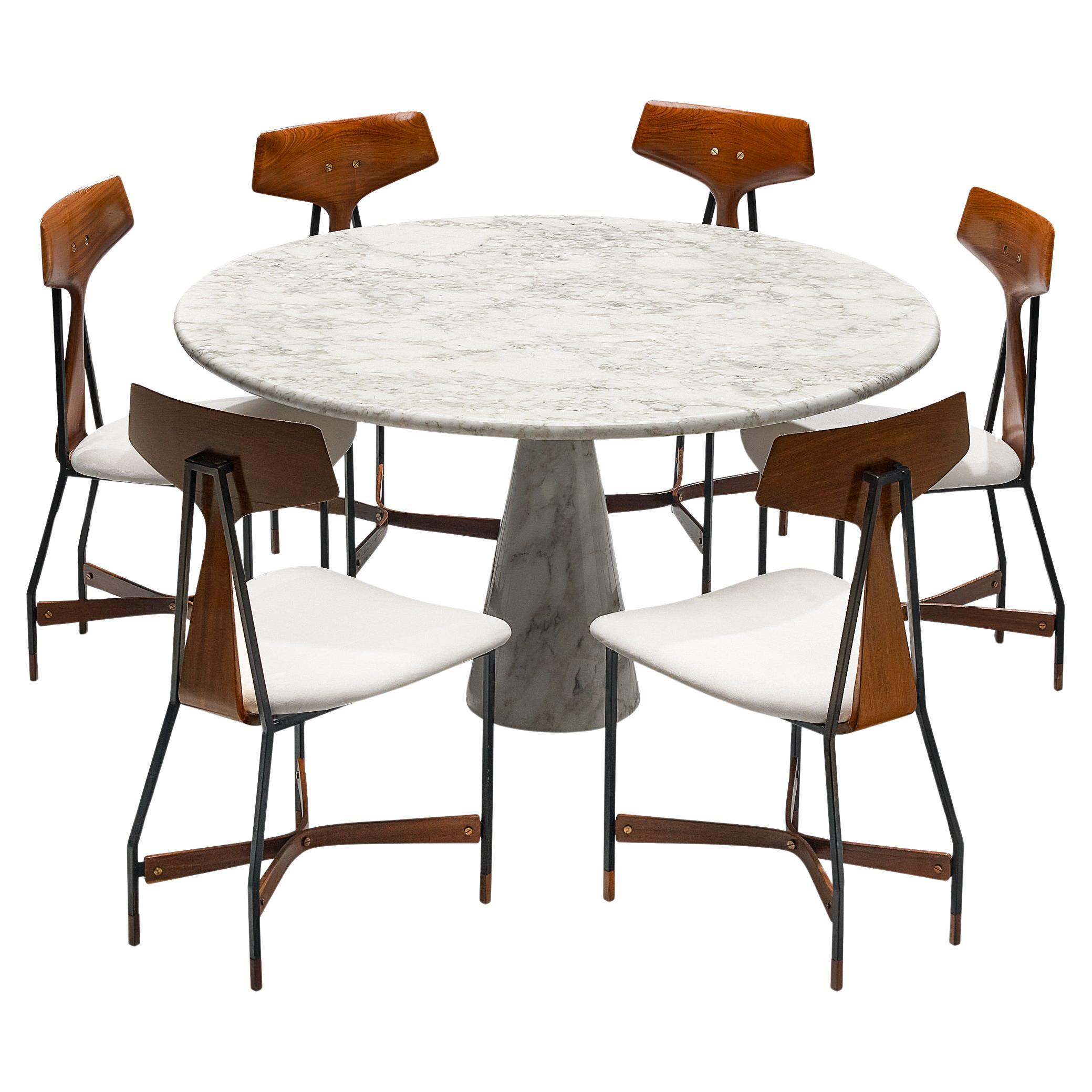 Angelo Mangiarotti Dining Table in Marble with Set of Six Chairs in Teak 