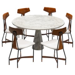 Angelo Mangiarotti Dining Table in Marble with Set of Six Chairs in Teak 