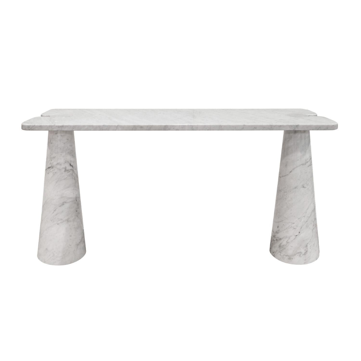 Beautifully crafted console table model E20 in polished white Carrera marble by Angelo Mangiarotti, Eros Collection, for Skipper, Italy 1970's.  This series by Mangiarotti is exceptional in every way.  This console is a show stopper.