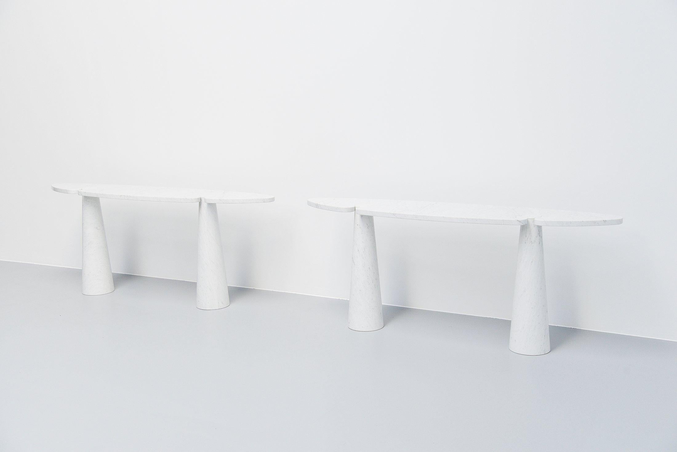 Spectacular ‘Eros’ console table pair designed by Angelo Mangiarotti and manufactured by Skipper, Italy 1971. This console tables are made of white Carrara marble and have beautiful grey veins in the white marble. The console tables come from the