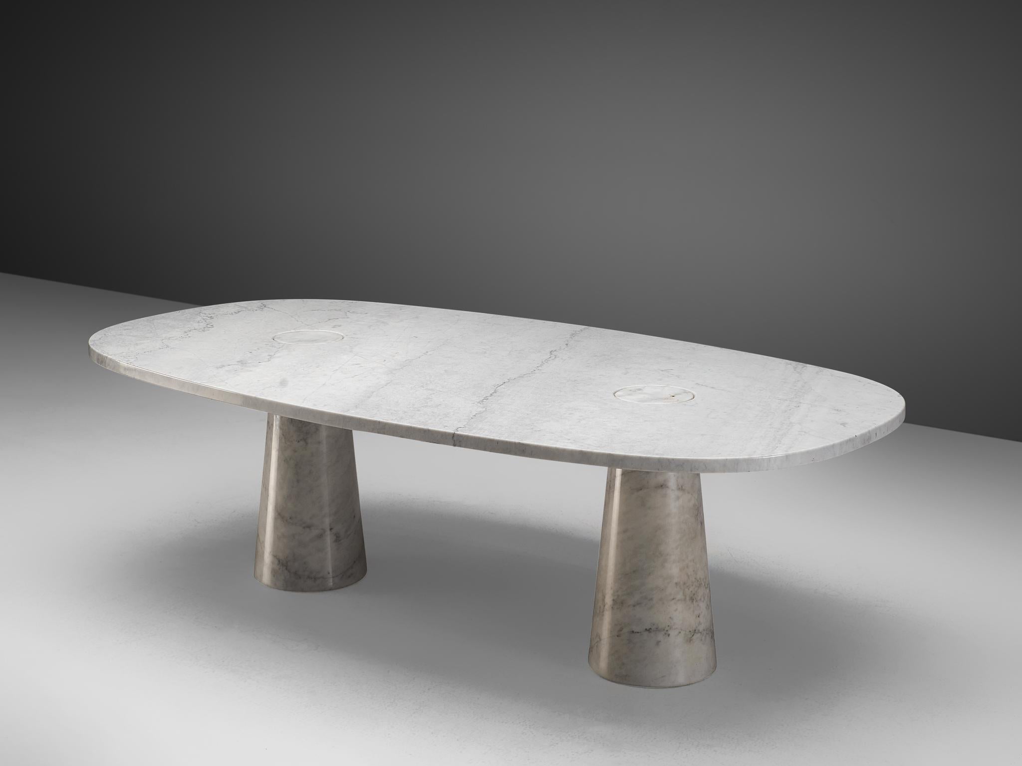 Angelo Mangiarotti, 'Eros' dining table, Carrara marble, Italy, 1970s

This sculptural table by Angelo Mangiarotti is a skillful example of postmodern design. The table is executed in white marble. The oval table features no joints or clamps and