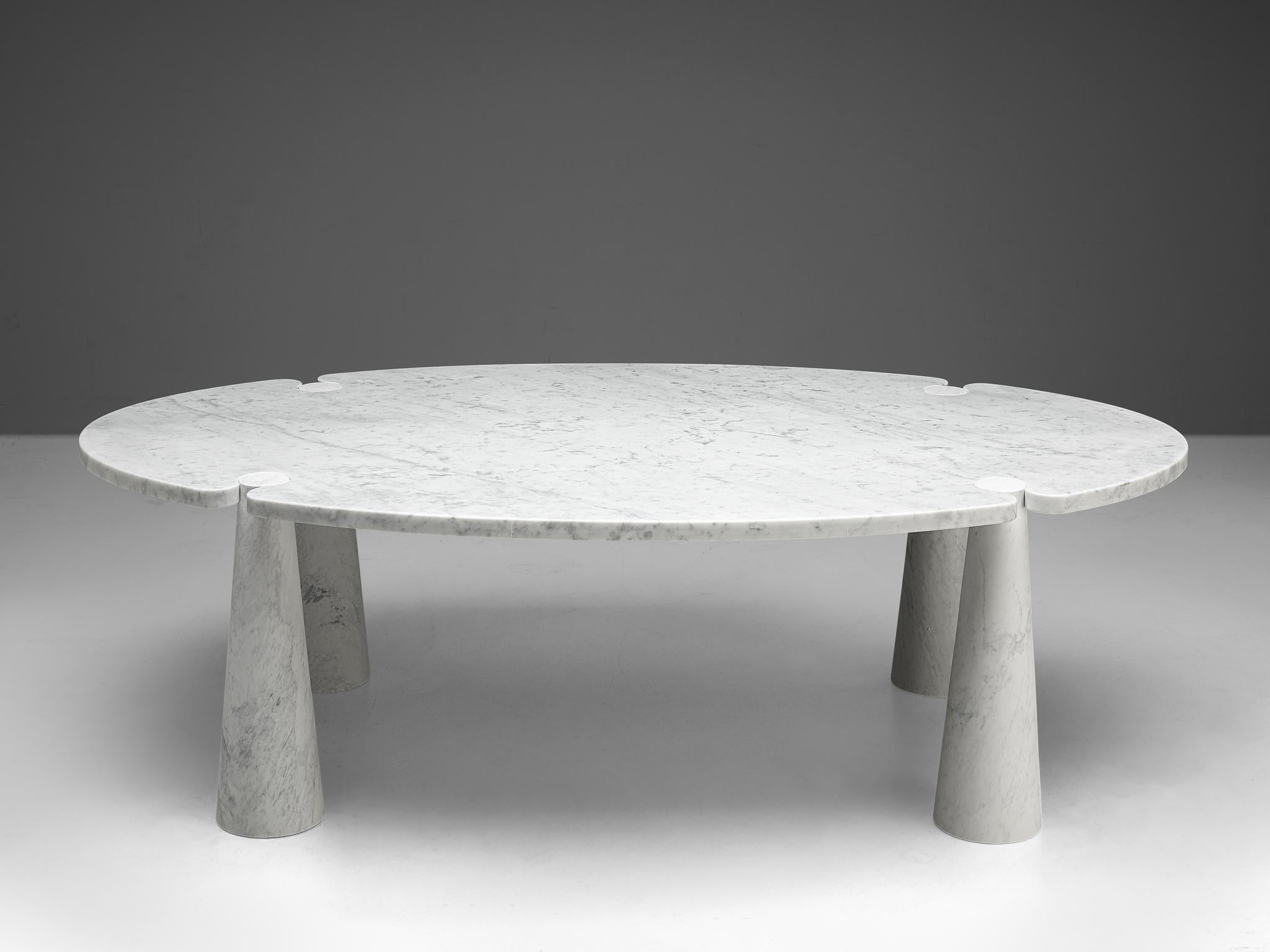 Angelo Mangiarotti, dining table, marble, 1970s.

This sculptural table by Angelo Mangiarotti is a skillful example of postmodern design. The table is executed in white marble. The oval table features no joints or clamps and is architectural in