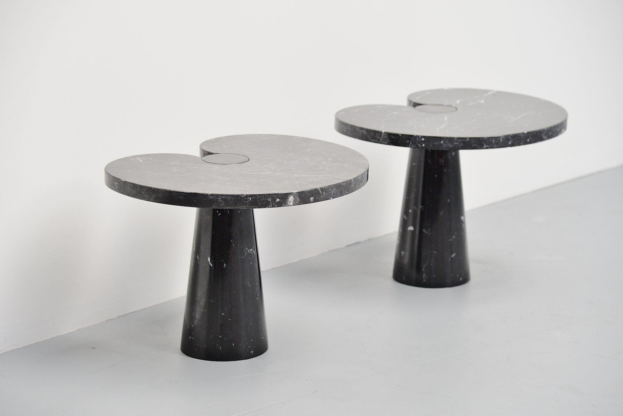 Gorgeous pair of 'Eros' side tables designed by Angelo Mangiarotti and manufactured by Skipper, Italy 1971. These tables are made of black carrara marble and have beautiful white veins in the black marble. These tables come from the Eros series and