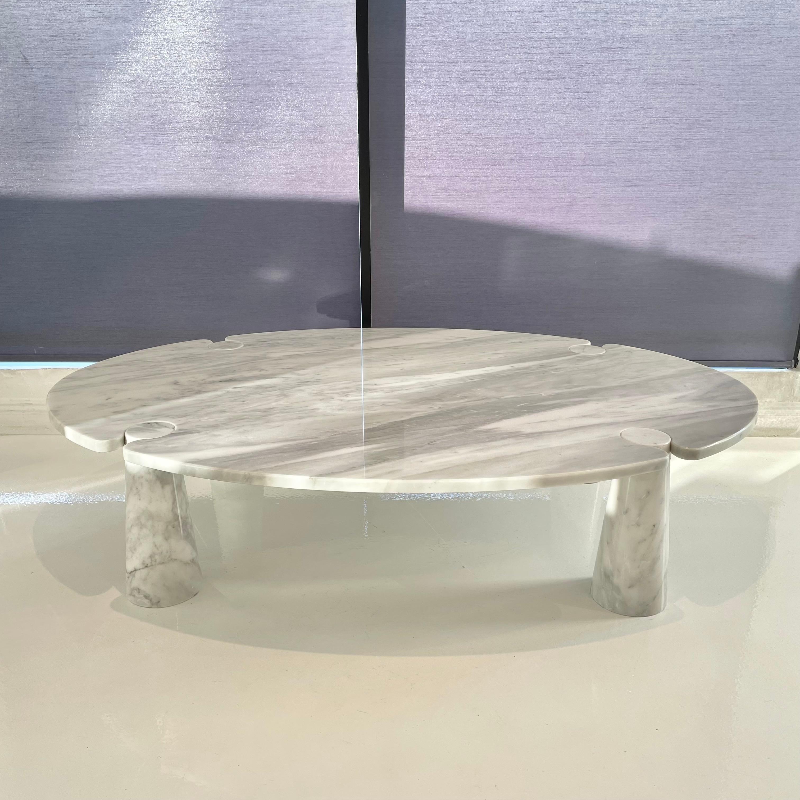 Elegant Carrara marble cocktail table by Angelo Mangiarotti. Massive scale. Part of the 