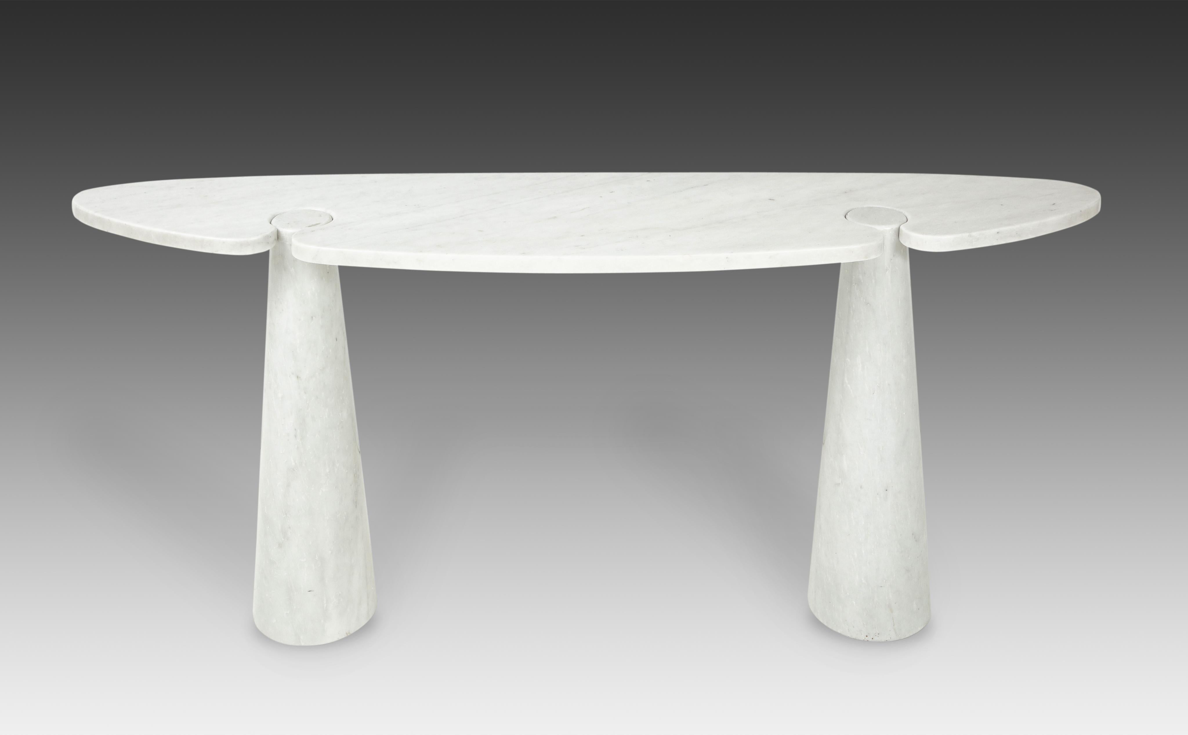 Designed by Angelo Mangiarotti for Skipper from the 'Eros' series, Carrara marble console with top fitted on two conical bases, Italy, 1971. Original skipper stickers on underside.

Given Mangiarotti's research on furniture without joints, this