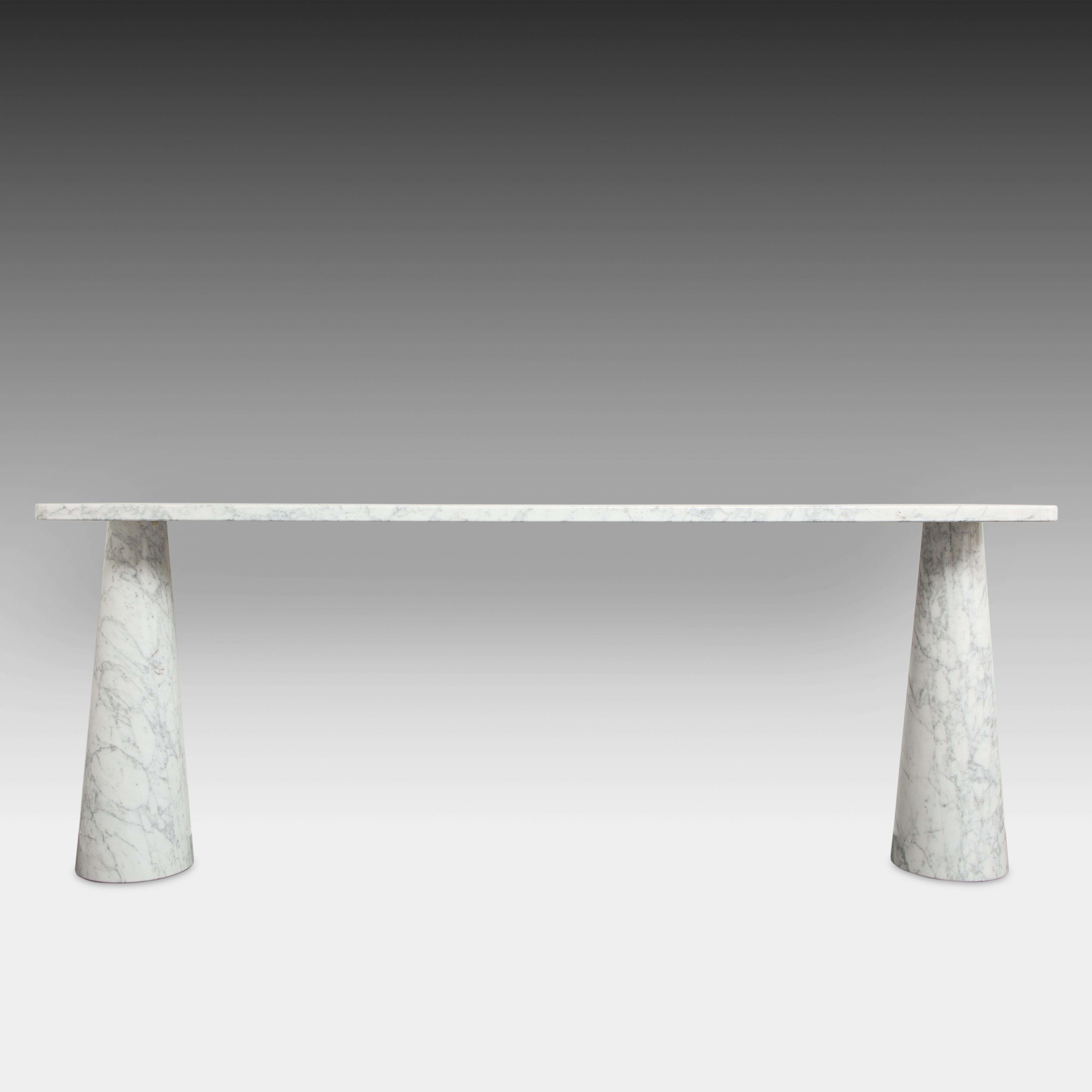 Designed by Angelo Mangiarotti for Skipper from the 'Eros' series, iconic Carrara marble console table with top fitted on two conical bases. This console is the larger rectangular model. This elegantly organic console table has beautiful subtle