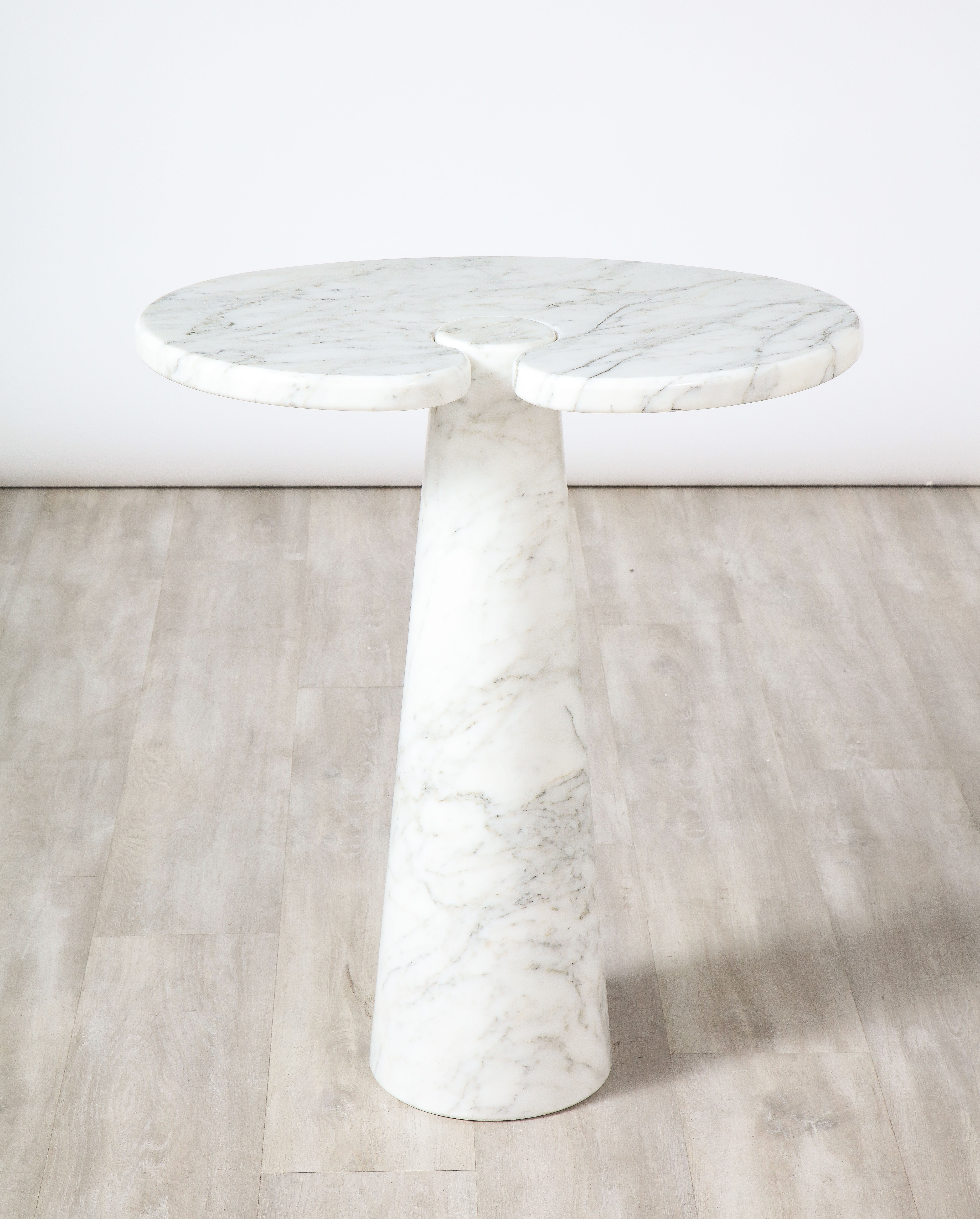 Angelo Mangiarotti for Skipper 'Eros' Series Carrara marble tall side table, 1971. Designed by Angelo Mangiarotti for Skipper, the 'Eros' series, this iconic Carrara side table is supported on one conical leg base, with beautiful subtle veining