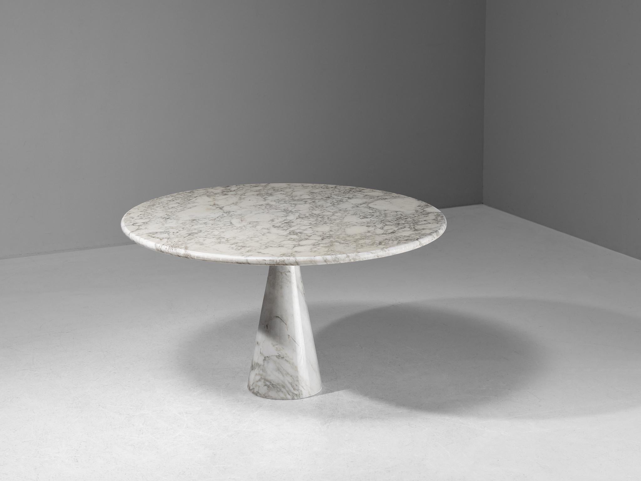 Angelo Mangiarotti for Skipper, dining table ‘M1’, Calacatta marble, 1969

This sculptural table by Angelo Mangiarotti is a skilful example of postmodern design. The strikingly patterned white to grey table has a cone-shaped pedestal and a circular