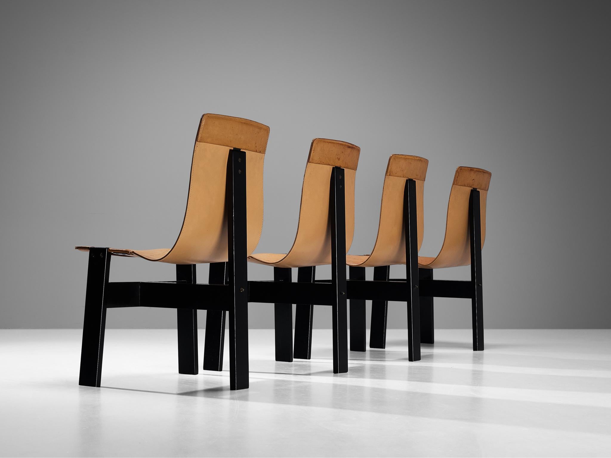 Angelo Mangiarotti for Skipper, set of four chairs model 'Tre 3', black lacquered wood, leather, Italy, design 1978

Set of four 'Tre 3' dining chairs by the Italian designer Angelo Mangiarotti. The basic frame of these wonderful chairs consist of