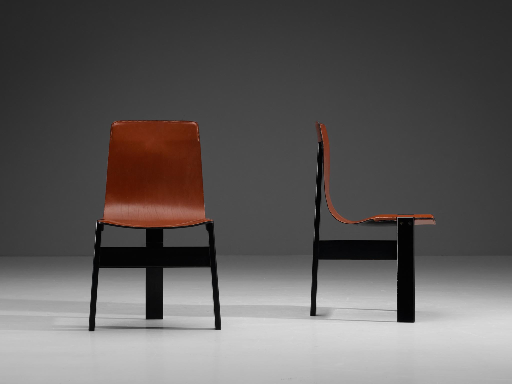 Late 20th Century Angelo Mangiarotti for Skipper Set of Four 'Tre 3' Dining Chairs in Leather  For Sale