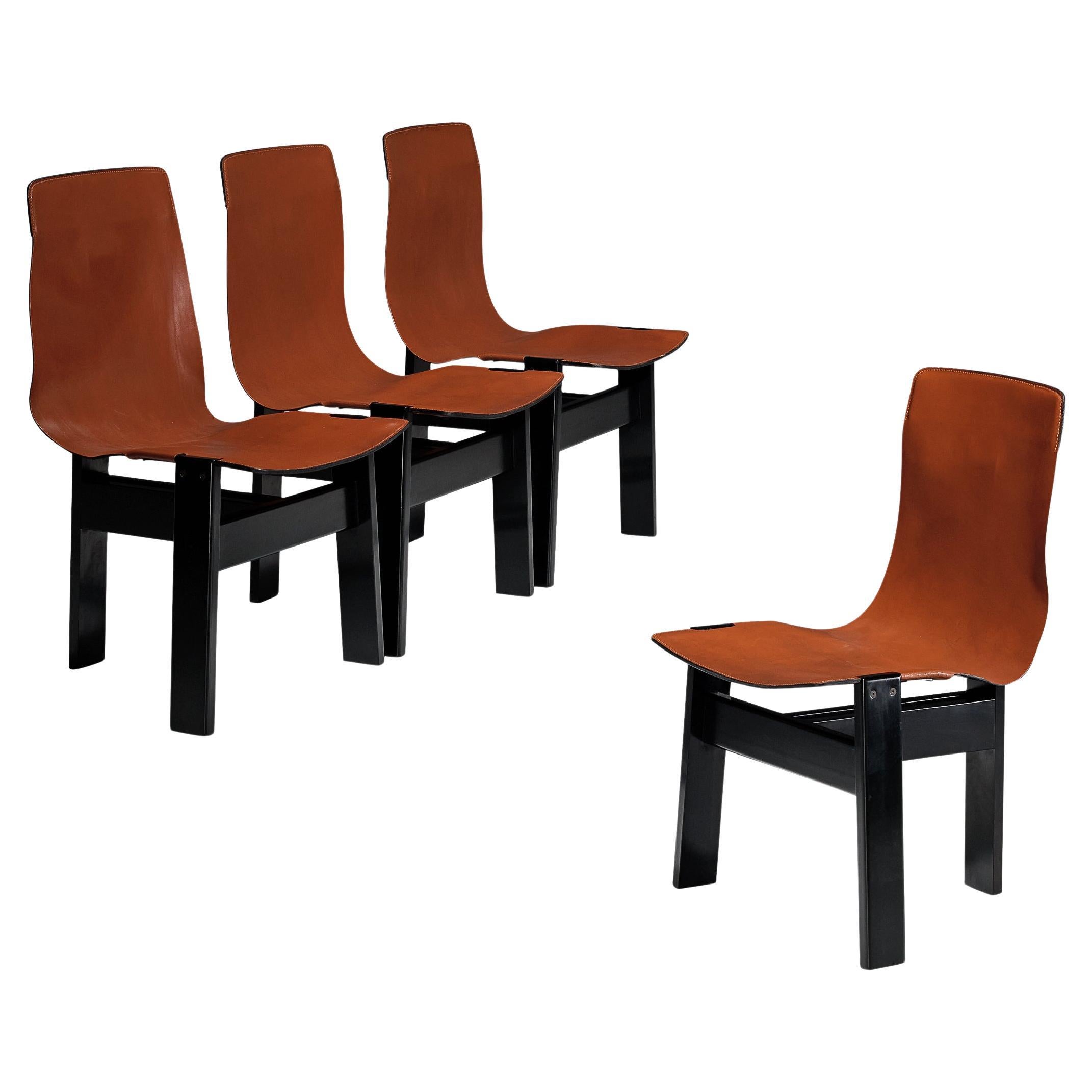 Angelo Mangiarotti for Skipper Set of Four 'Tre 3' Dining Chairs in Leather  For Sale