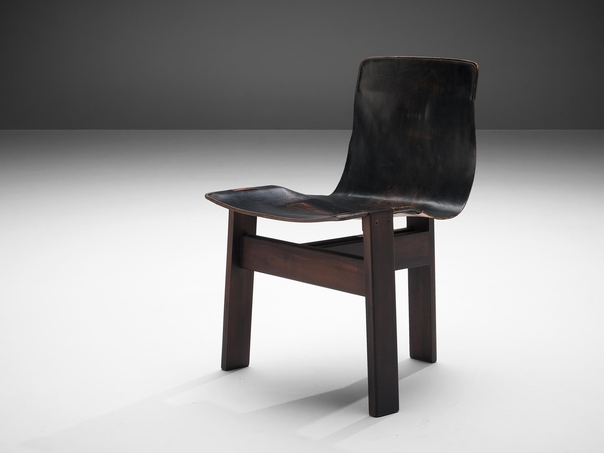 Angelo Mangiarotti for Skipper, 'Tre 3' chair, leather, wood, Italy, 1978

This tripod chair was designed in 1978 by Angelo Mangiarotti. Three interconnected flat legs, one is rising high to create a backrest, hold the seat and the backrest that are