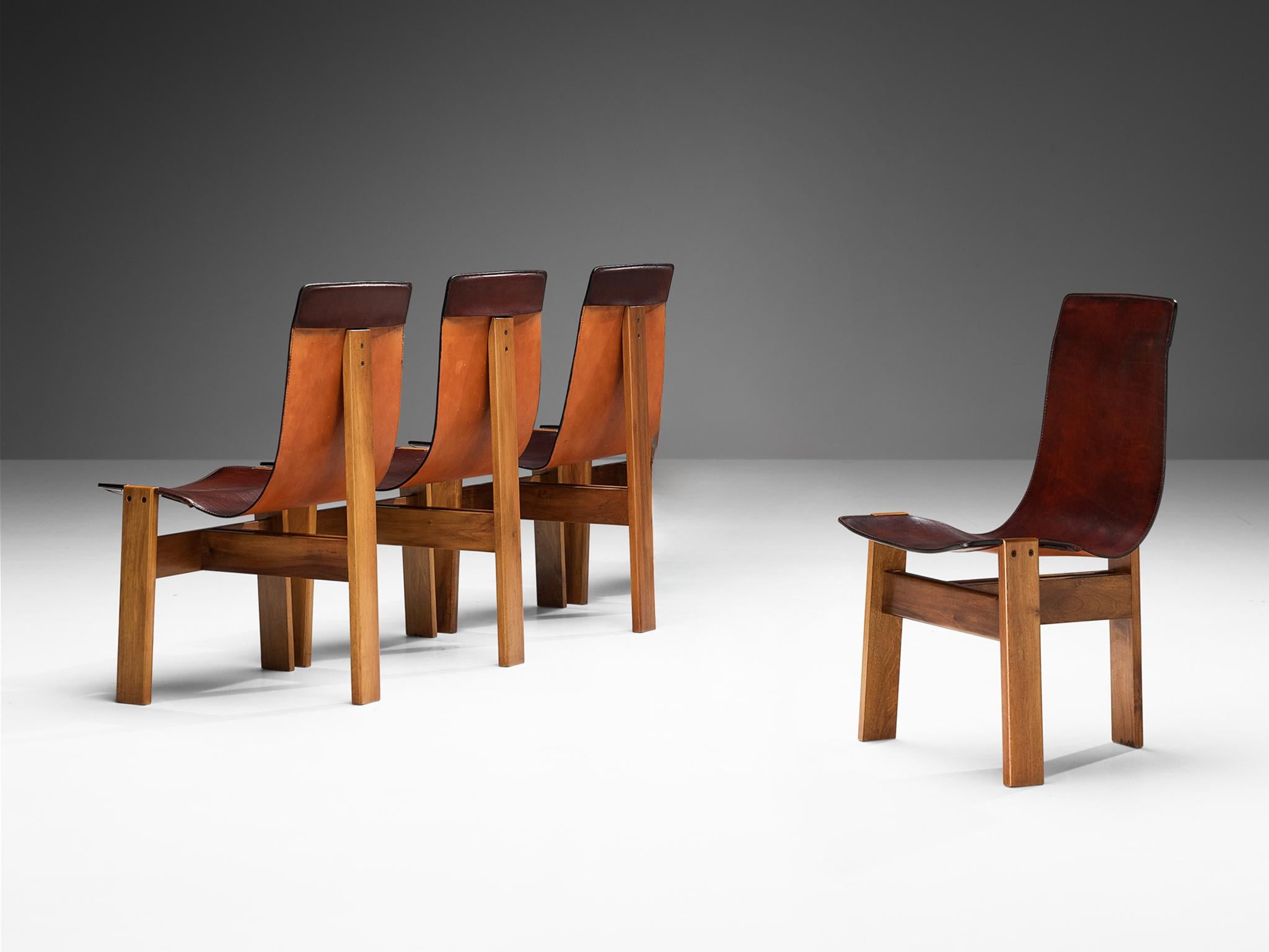 Angelo Mangiarotti for Skipper, dining chairs, model 'Tre 3', walnut, saddle leather, Italy, 1978

Presenting the stunning 