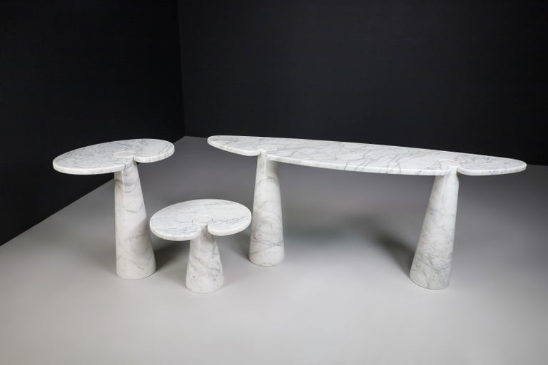 Set of 3 white Carrara marble console tables model ''Eros'' by Angelo Mangiarotti for Skipper - Italy 1970s

Designed by Angelo Mangiarotti for Skipper from the 'Eros' series. Iconic white Carrara marble console tables with top fitted on a conical