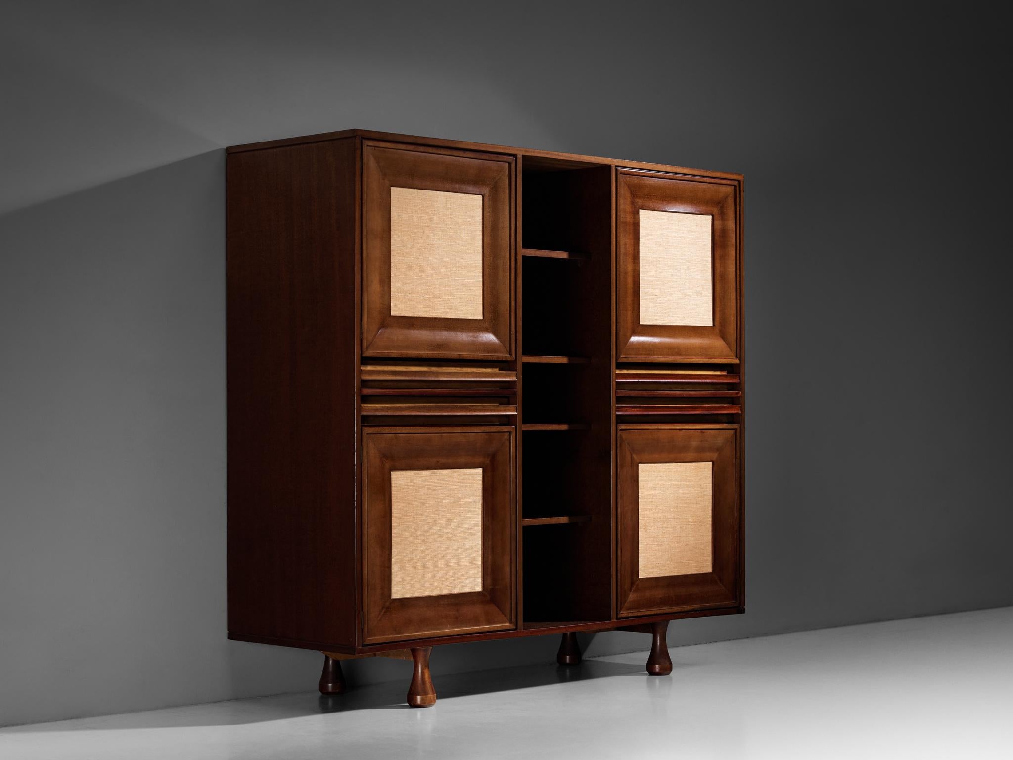 Italian Angelo Mangiarotti for Sorgente dei Mobili Cabinet in Mahogany & Grasscloth