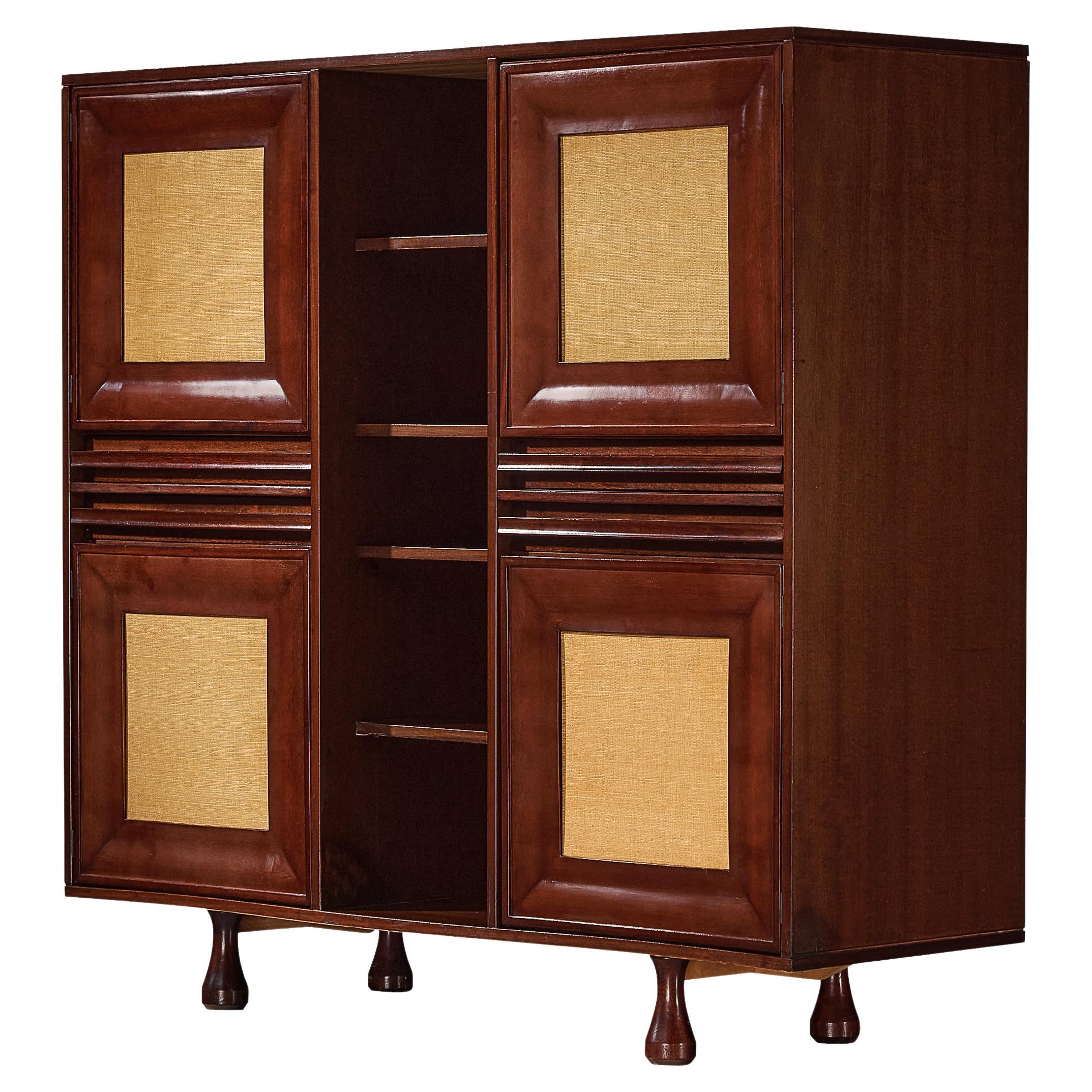 Angelo Mangiarotti for Sorgente dei Mobili Cabinet in Mahogany & Grasscloth 