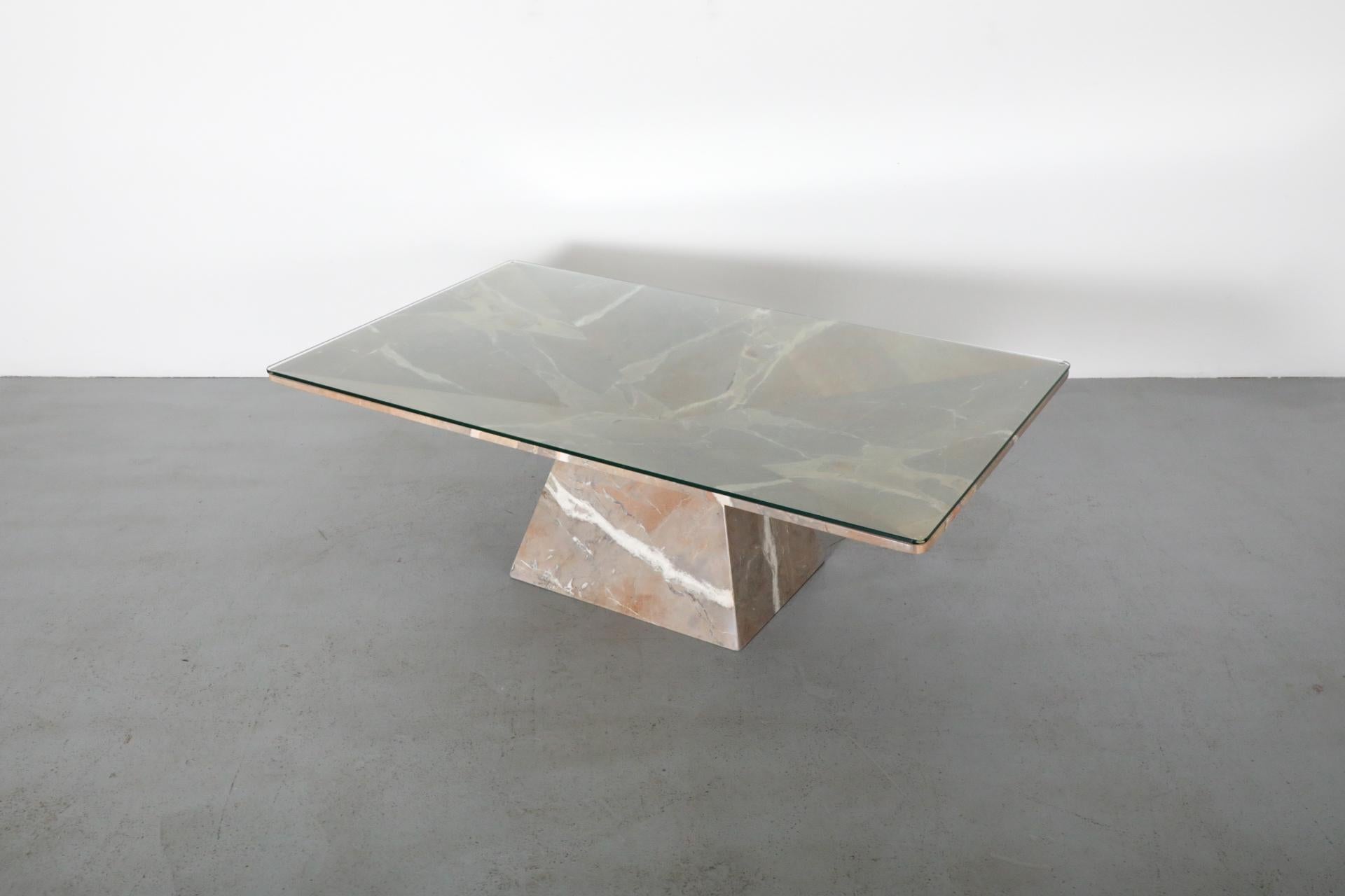 Mid-Century Modern Angelo Mangiarotti Inspired Marble Coffee Table with Pyramid Base and Glass Top